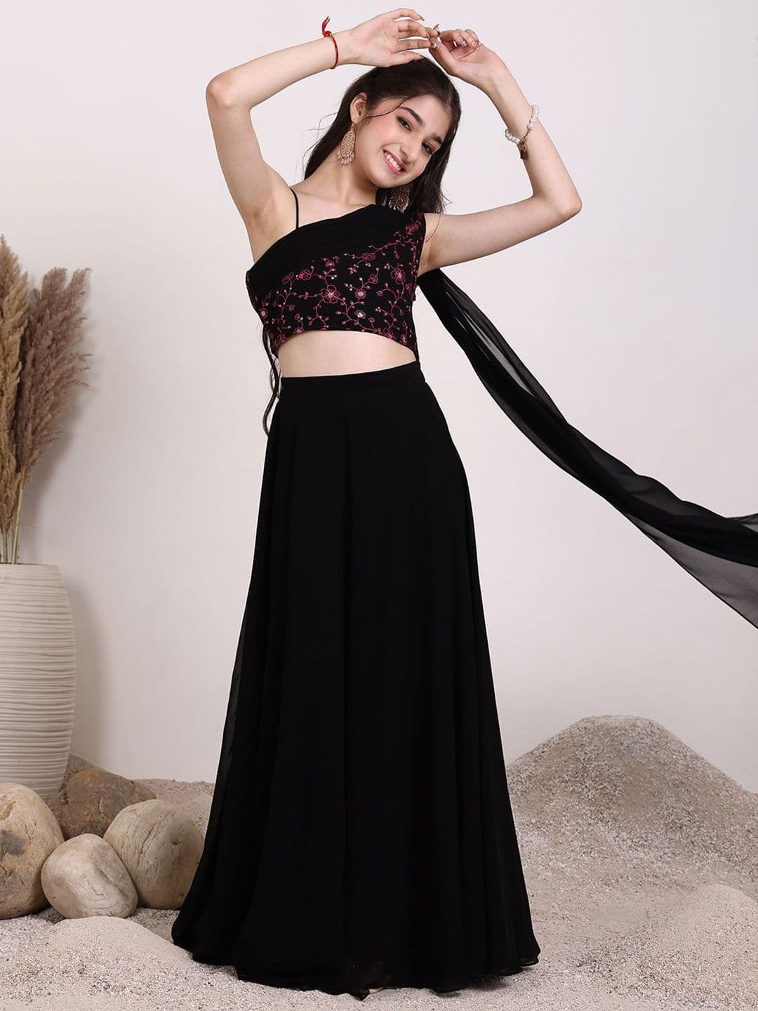 Inddus Girls Embroidered Thread Work One Shoulder Ready to Wear Lehenga & Blouse - view 1