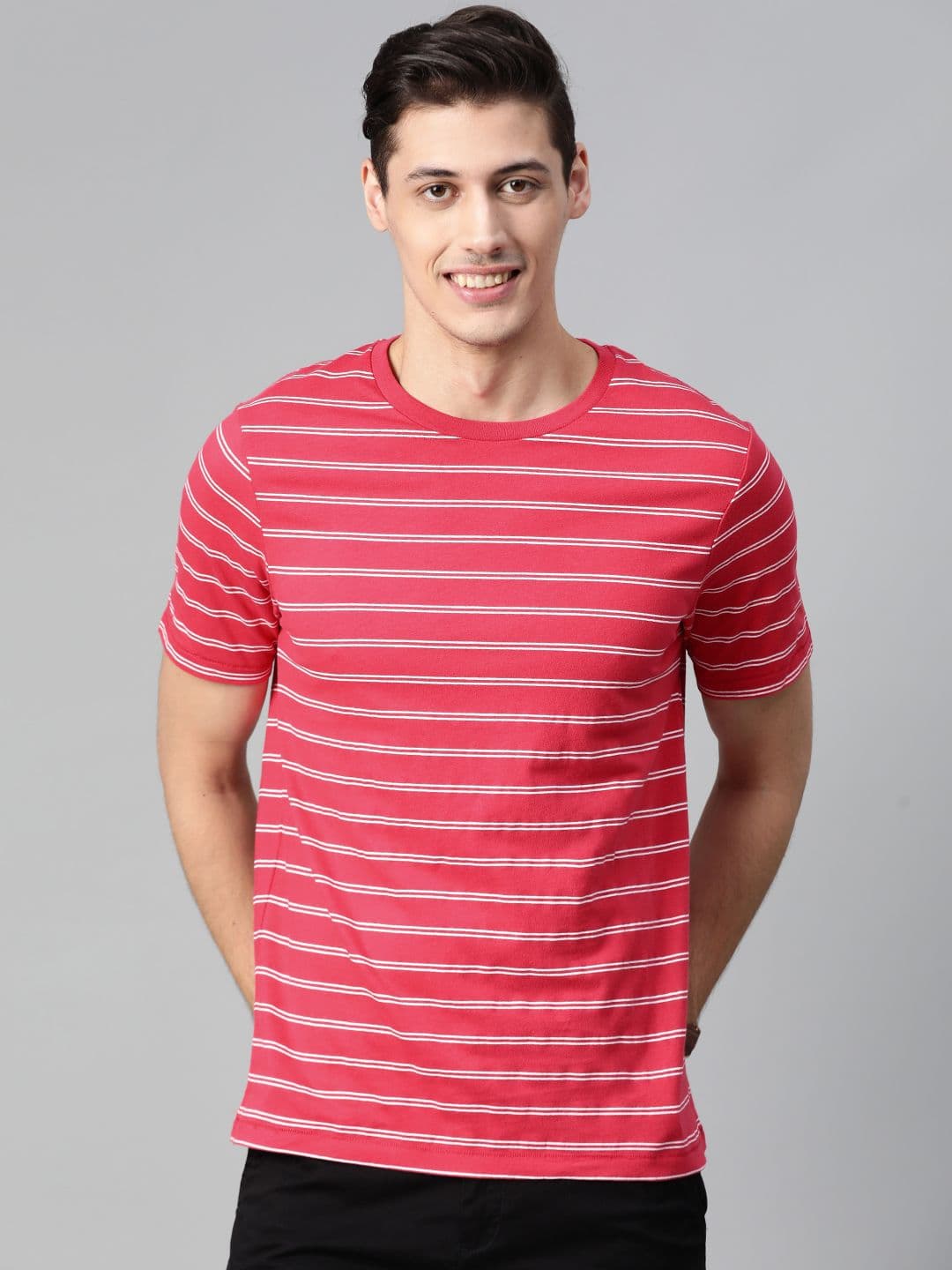 Mast & Harbour Men Pink & White Striped Round Neck T-shirt - view 1