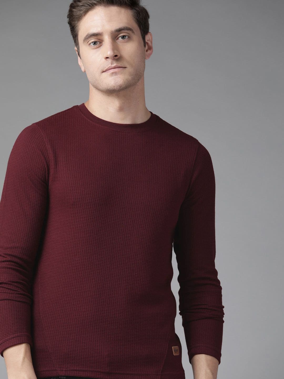 The Roadster Lifestyle Co Men Maroon Solid Waffle Texture T-shirt - view 1