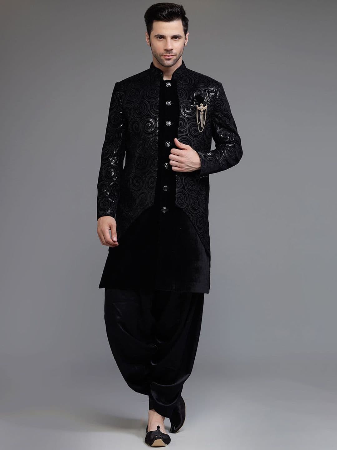 Utsav Fashion Sequin Embroidered Velvet Sherwani Set - view 1