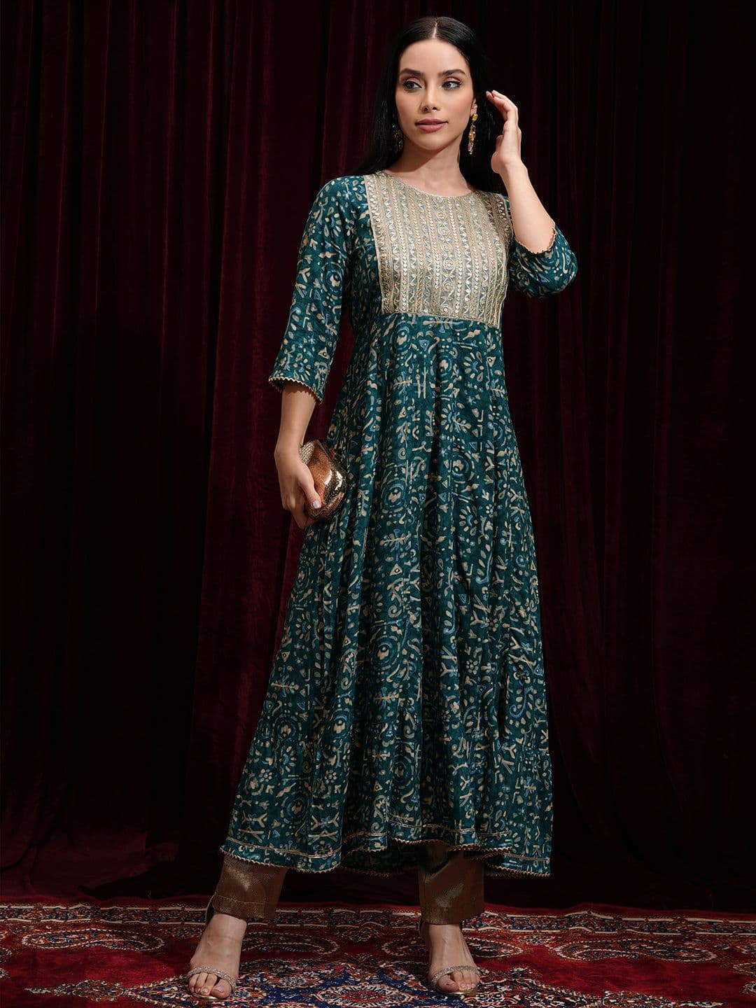 Vishudh Teal Floral Printed Anarkali Kurta - view 1