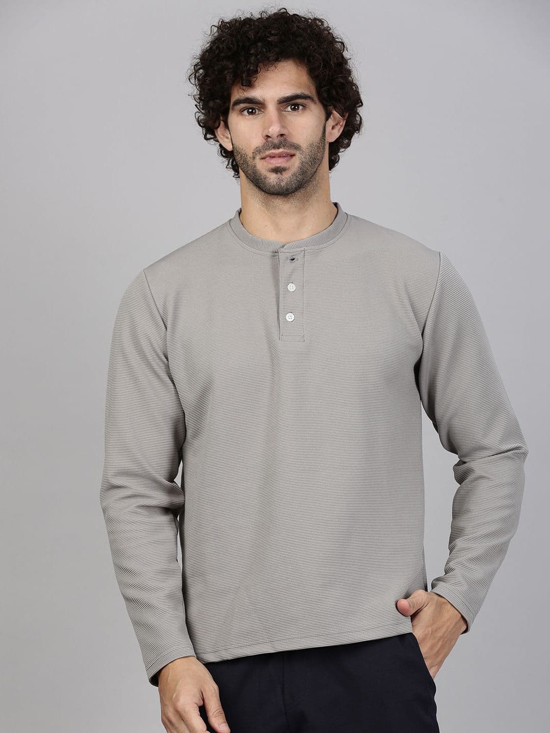 MADSTO Men Self Design Henley Neck Long Sleeves Casual T-shirt - view 1