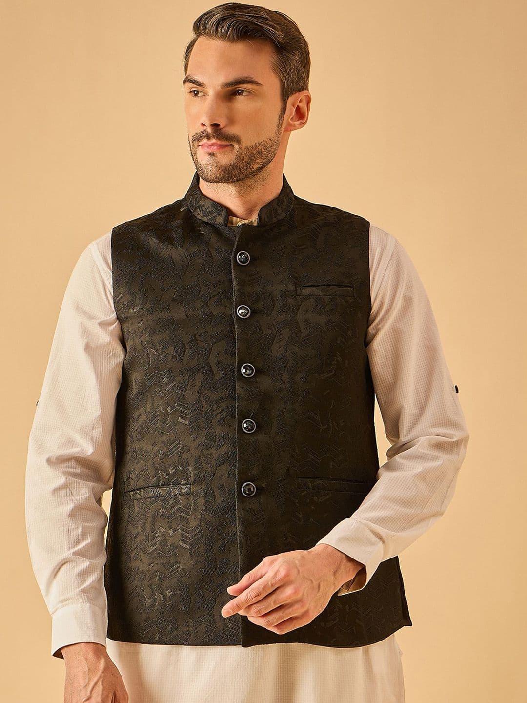 House of Pataudi Men Woven Design Nehru Jacket With Pocket Square - view 1