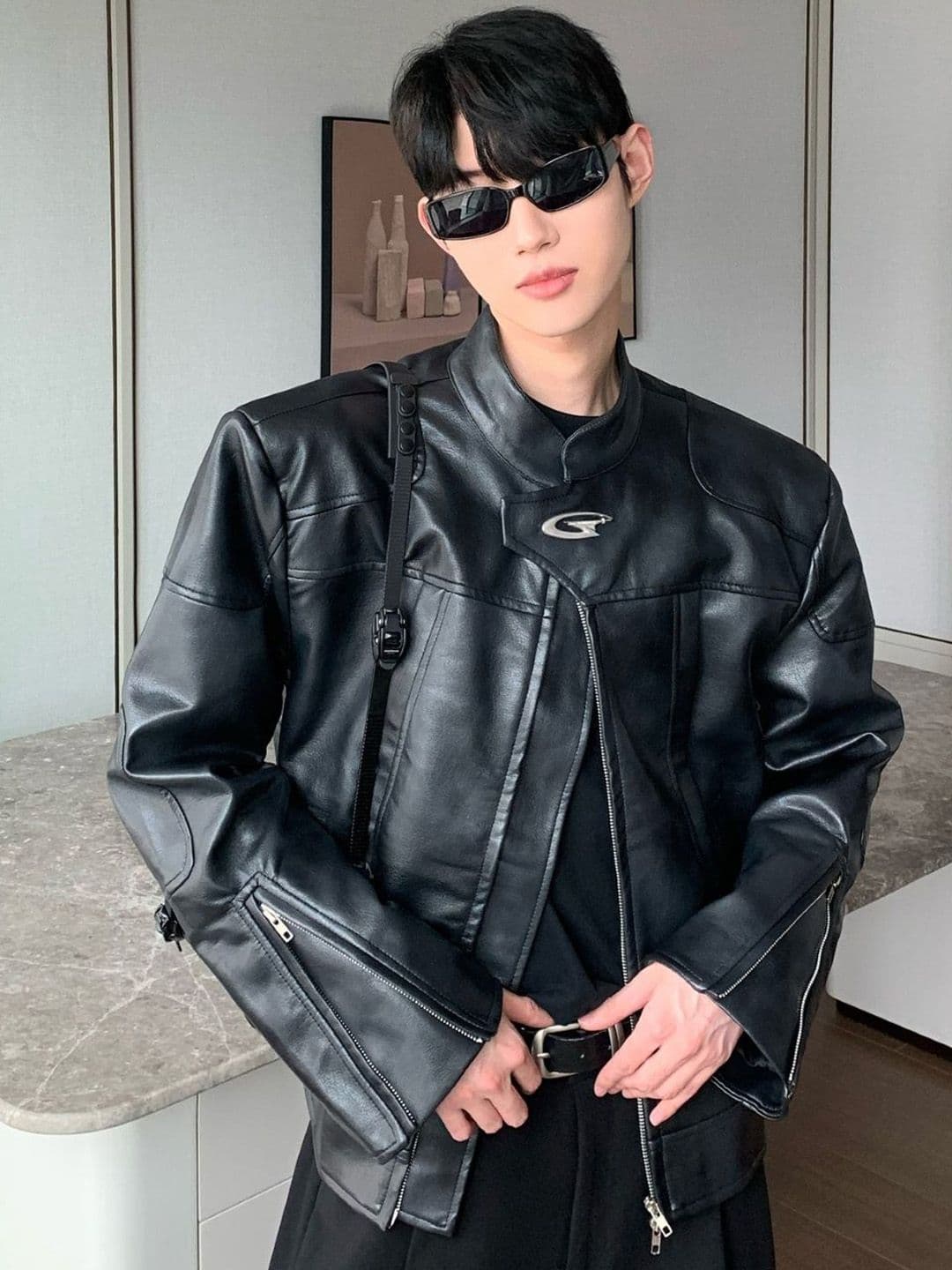 HERE&NOW Men Mandarin Collar Solid Leather Casual Leather Jacket - view 1