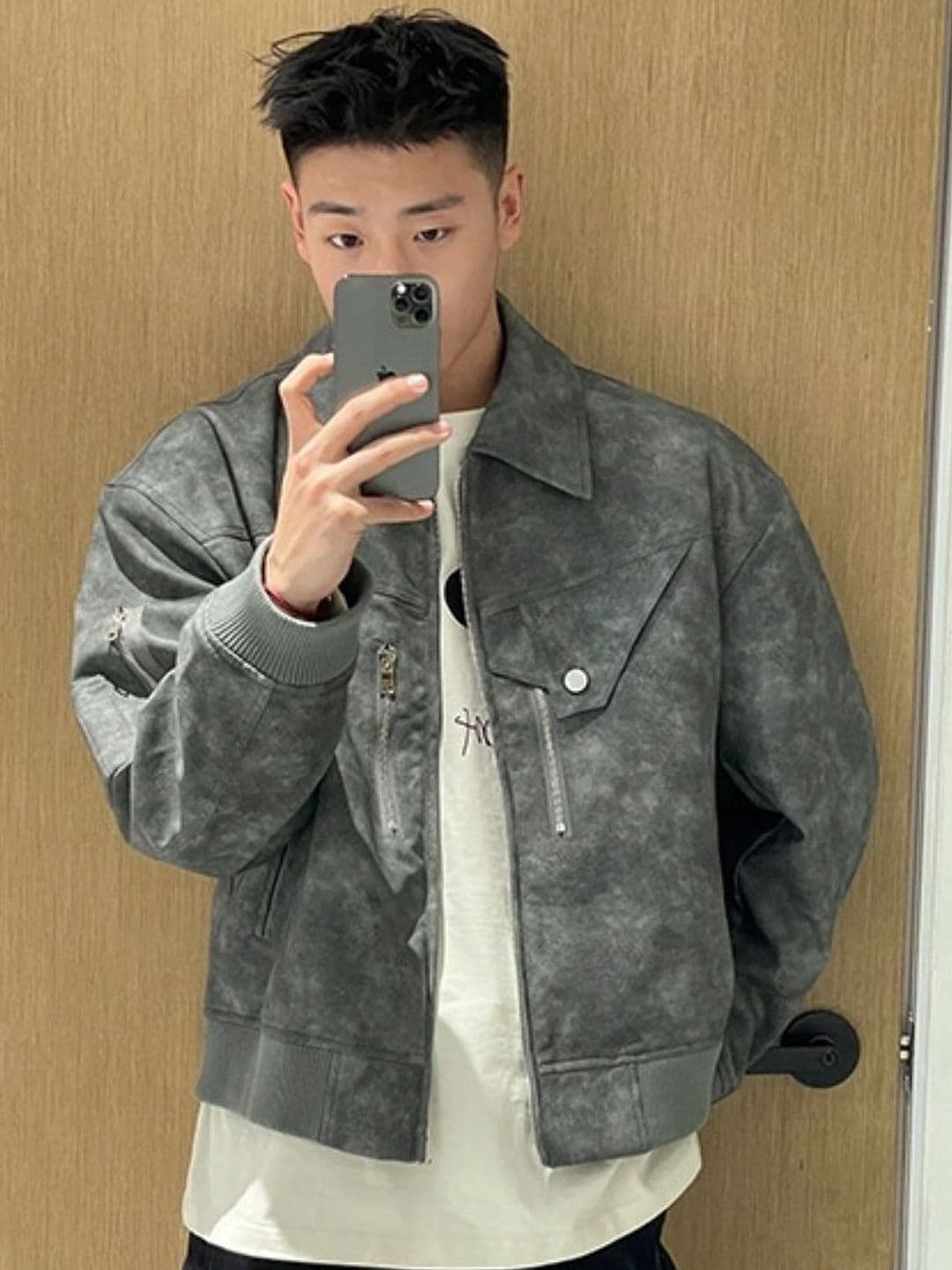 HERE&NOW Men Spread Collar Solid Leather Casual Leather Jacket - view 1