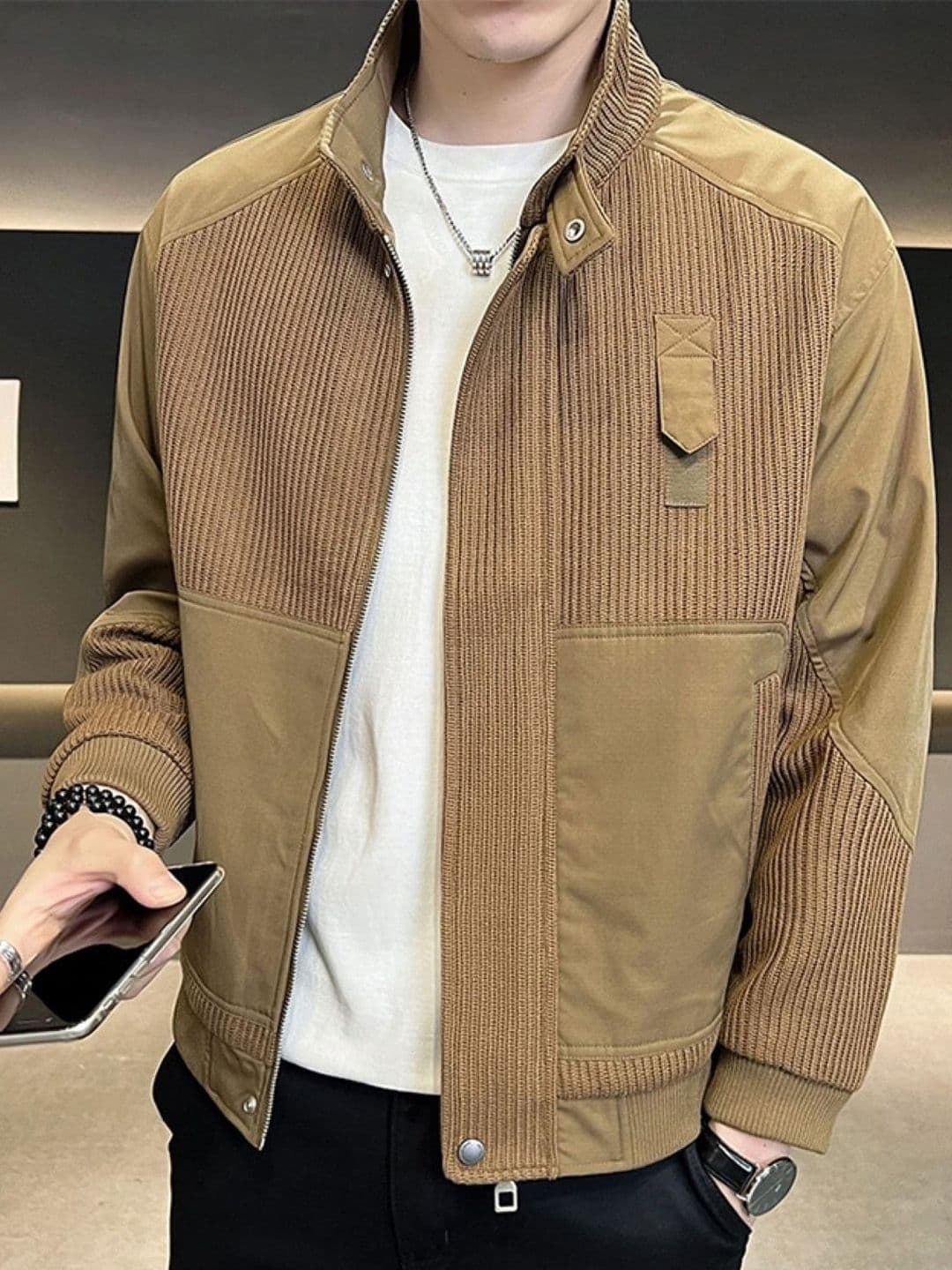 HERE&NOW Men Mandarin Collar Self Design Casual Bomber Jacket - view 1