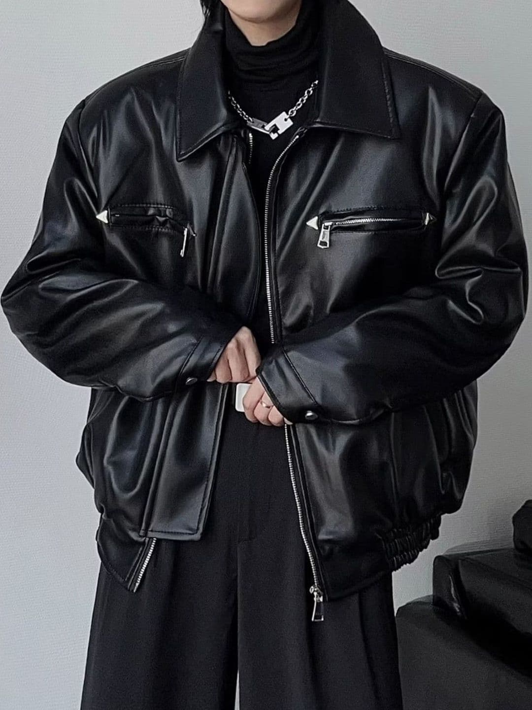 HERE&NOW Men Spread Collar Solid Leather Casual Leather Jacket - view 1