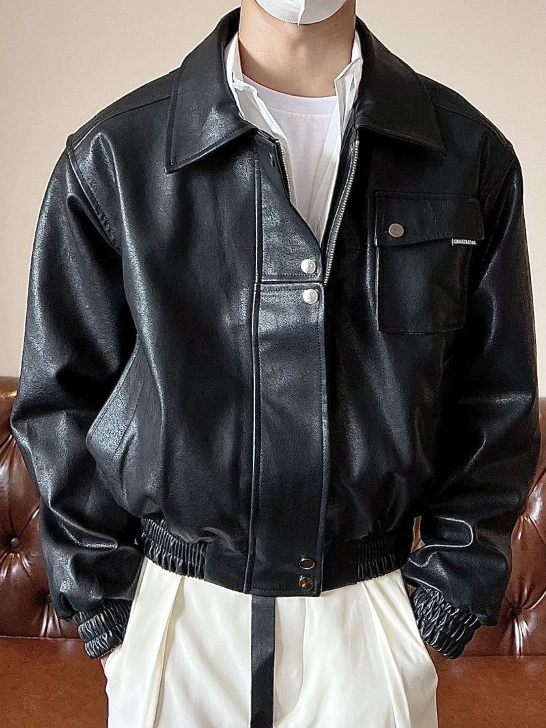 HERE&NOW Men Spread Collar Solid Leather Casual Leather Jacket - view 1