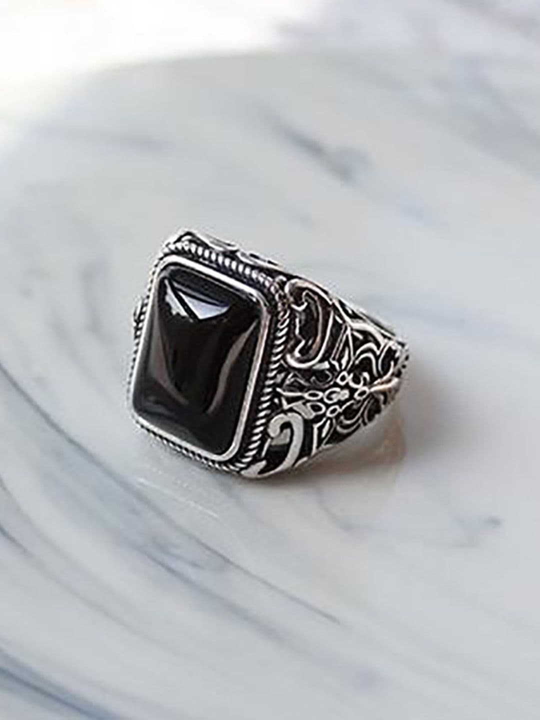 Peora Men Silver-Plated Stainless Steel Stone-Studded Adjustable Finger Ring - view 1