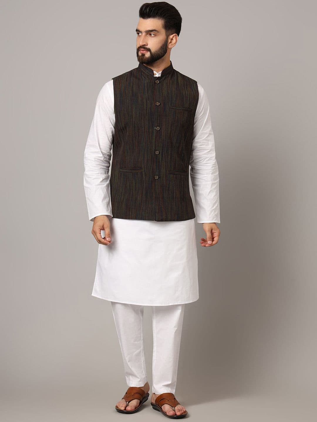 Latest Chikan Garments Striped Woven Nehru Jacket - view 1