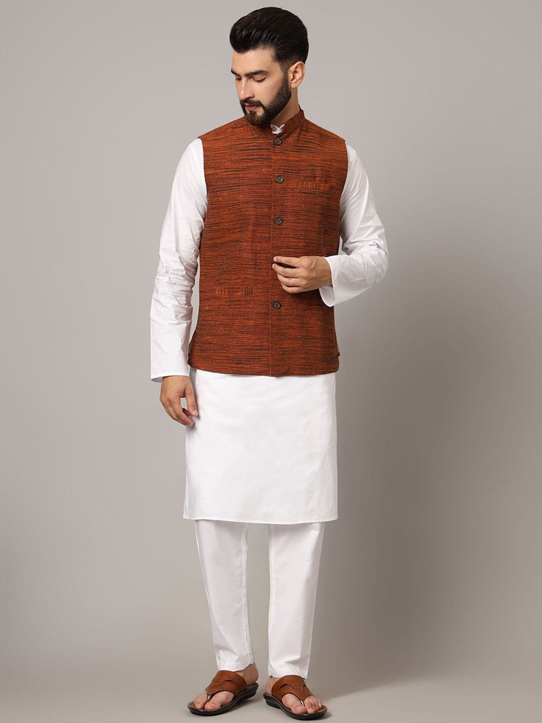Latest Chikan Garments Striped Woven Nehru Jacket - view 1