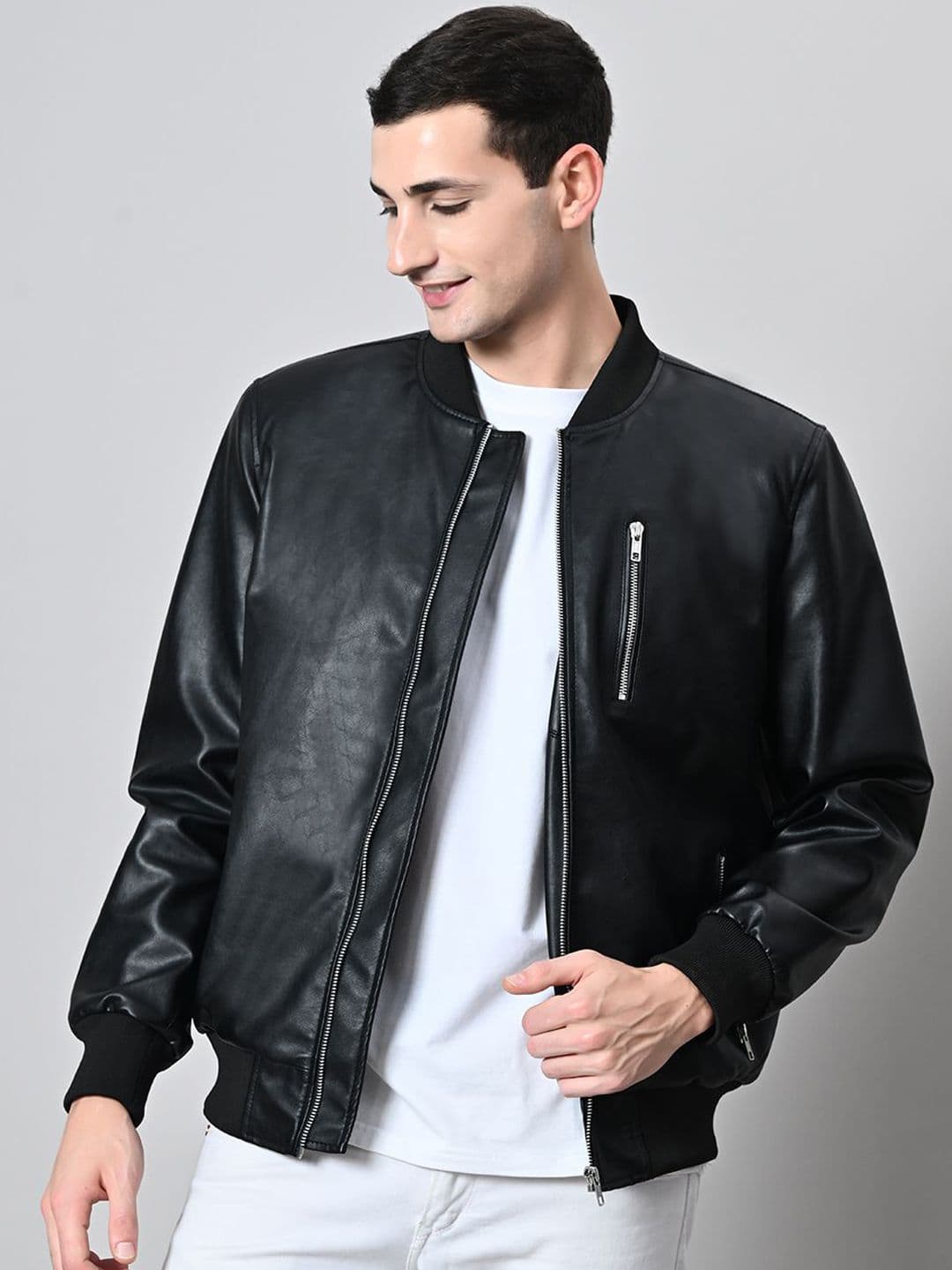 TBOJ Men Striped Lightweight Crop Leather Jacket - view 1