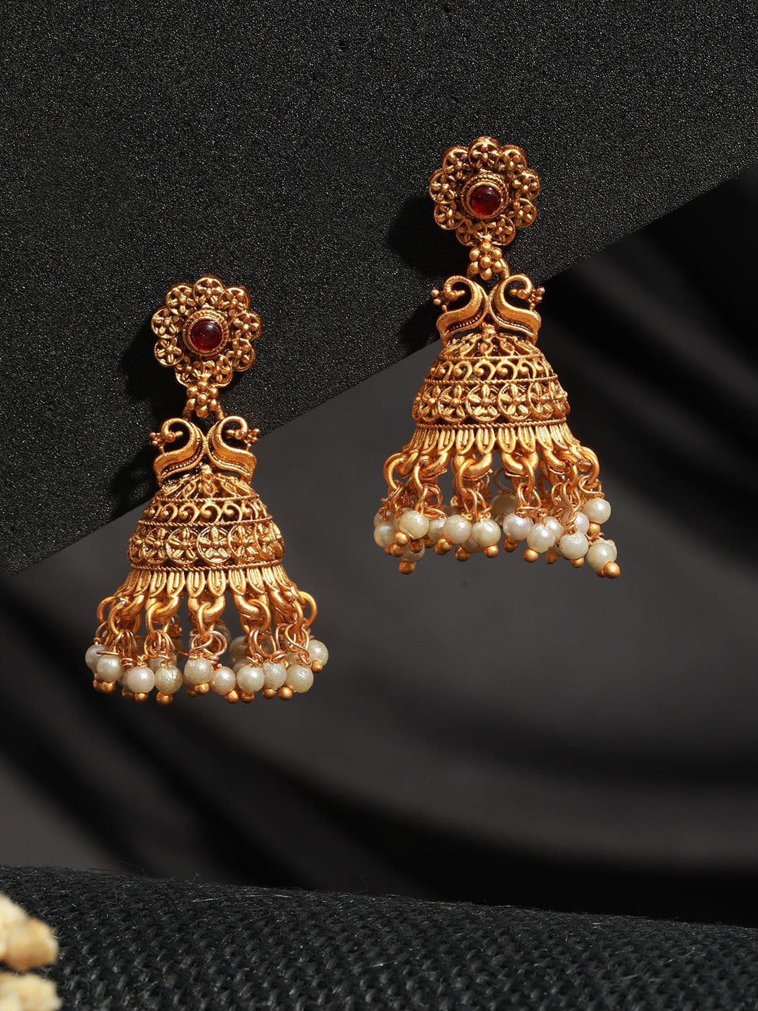 Saraf RS Jewellery Gold Plated American Diamond Dome Shaped Temple Jhumkas - view 1