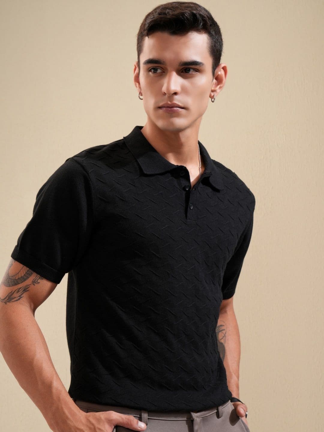 HIGHLANDER Men Self Design Polo Collar Cotton Relaxed Fit T-shirt - view 1