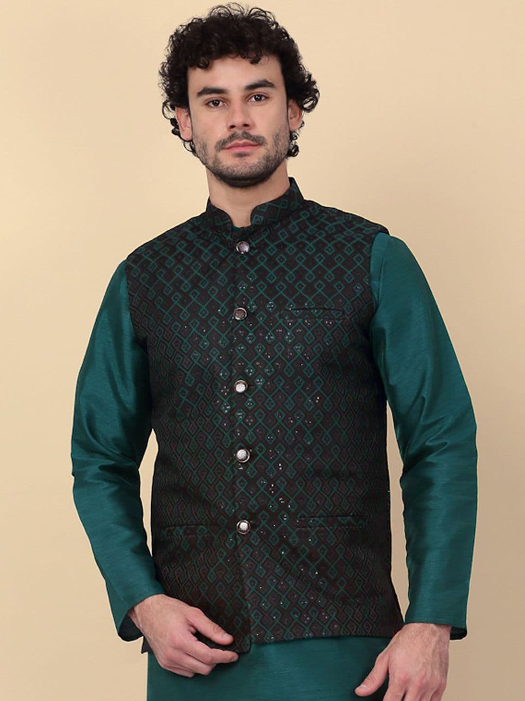 KRAFT INDIA Embroidered Sequins Jacquard Nehru Jacket - view 1