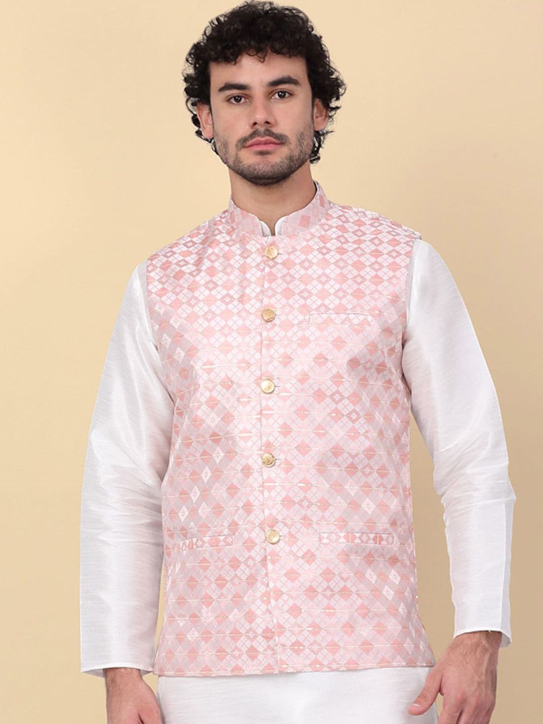 KRAFT INDIA Printed & Sequinned Jacquard Nehru Jacket - view 1