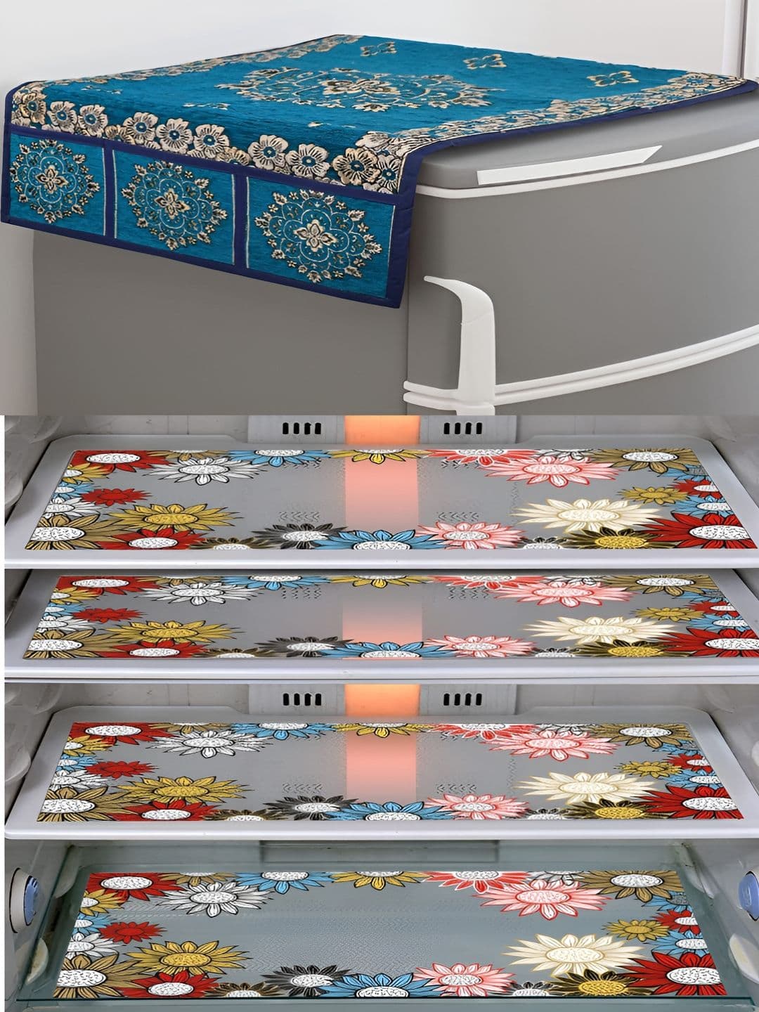 LooMantha Voilet & Transparent 5 Pieces Printed Fridge Cover Side Storage & Fridge Mat - view 1