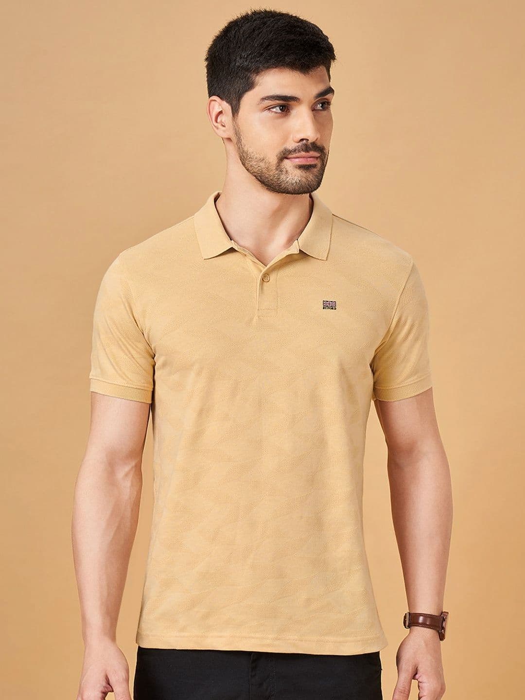 BYFORD by Pantaloons Men Self Design Polo Collar Cotton Slim Fit T-Shirt - view 1