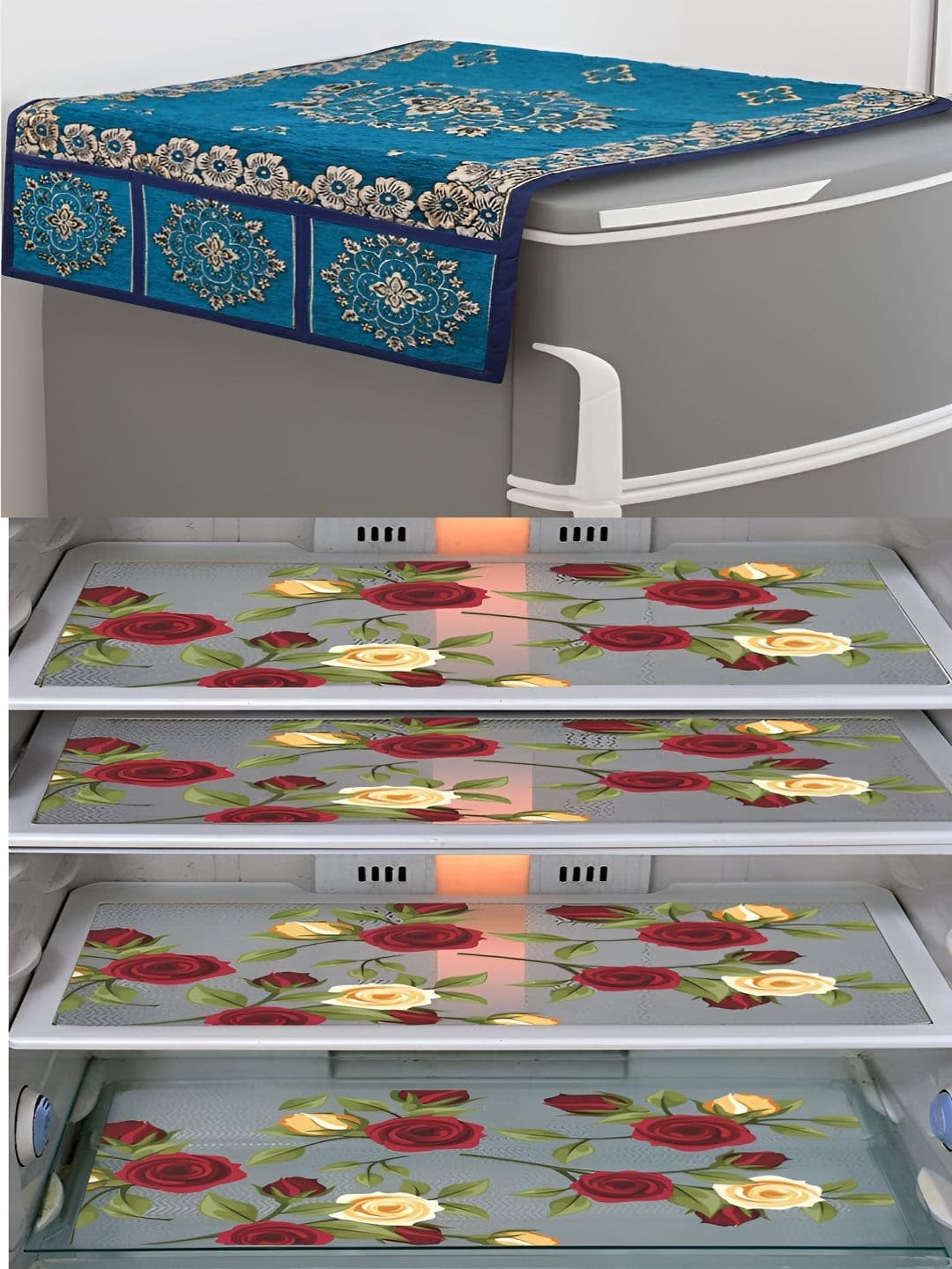 LooMantha Transparent & Blue 5 Pieces Floral Printed Fridge Top Cover & Fridge Mats - view 1