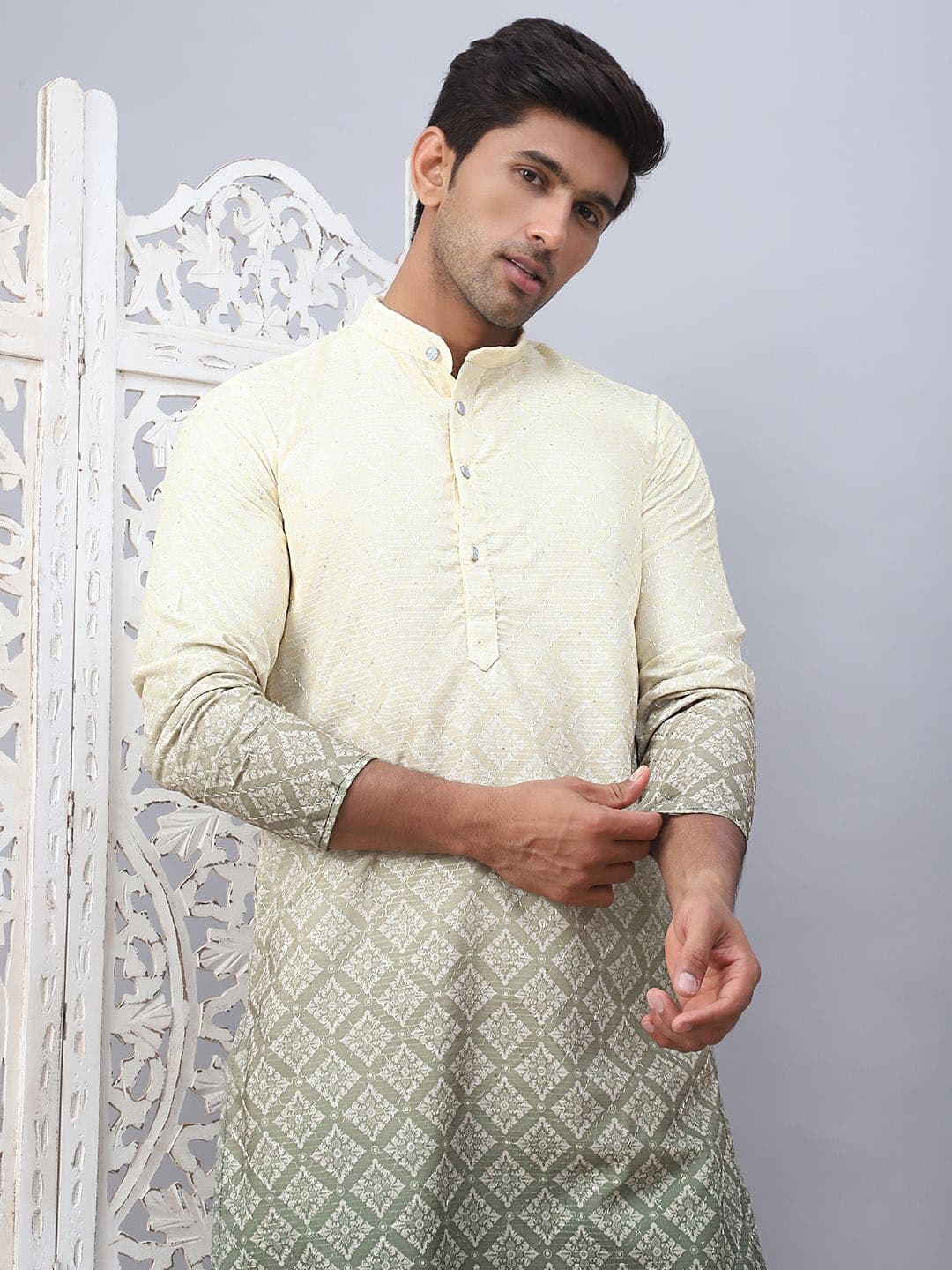 Jompers Floral Printed Mandarin Collar Sequins Ombre Straight Kurta - view 1