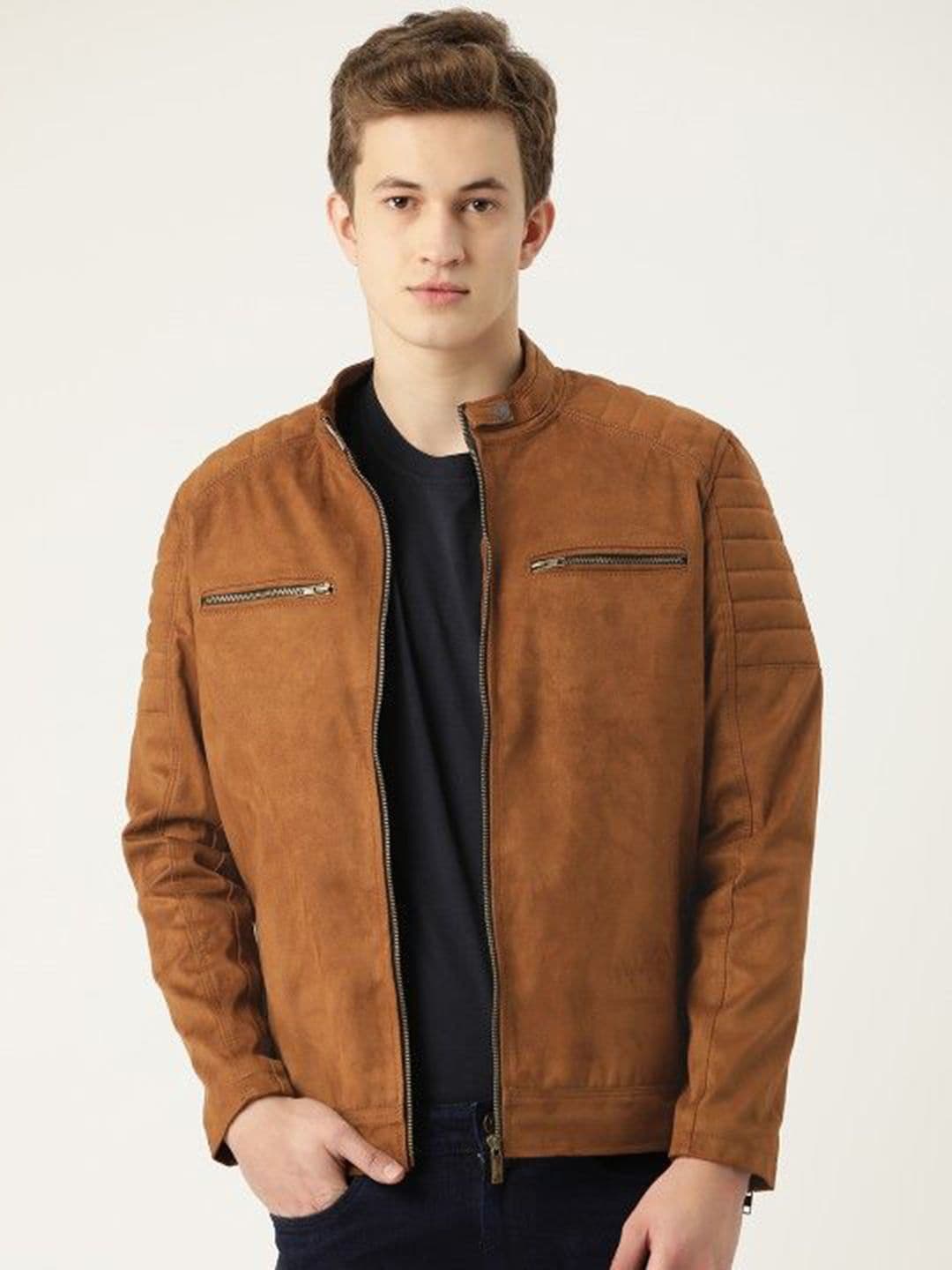 Leather Retail Men Geometric Checked Suede Lightweight Crop Biker Jacket - view 1