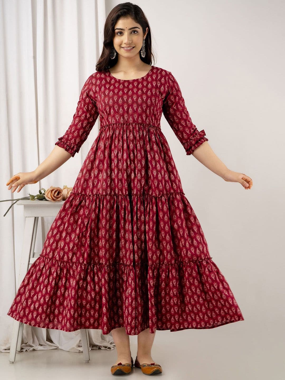 VARICOS Ethnic Motifs Printed Fit & Flare Tiered Cotton Maternity Maxi Dress - view 1