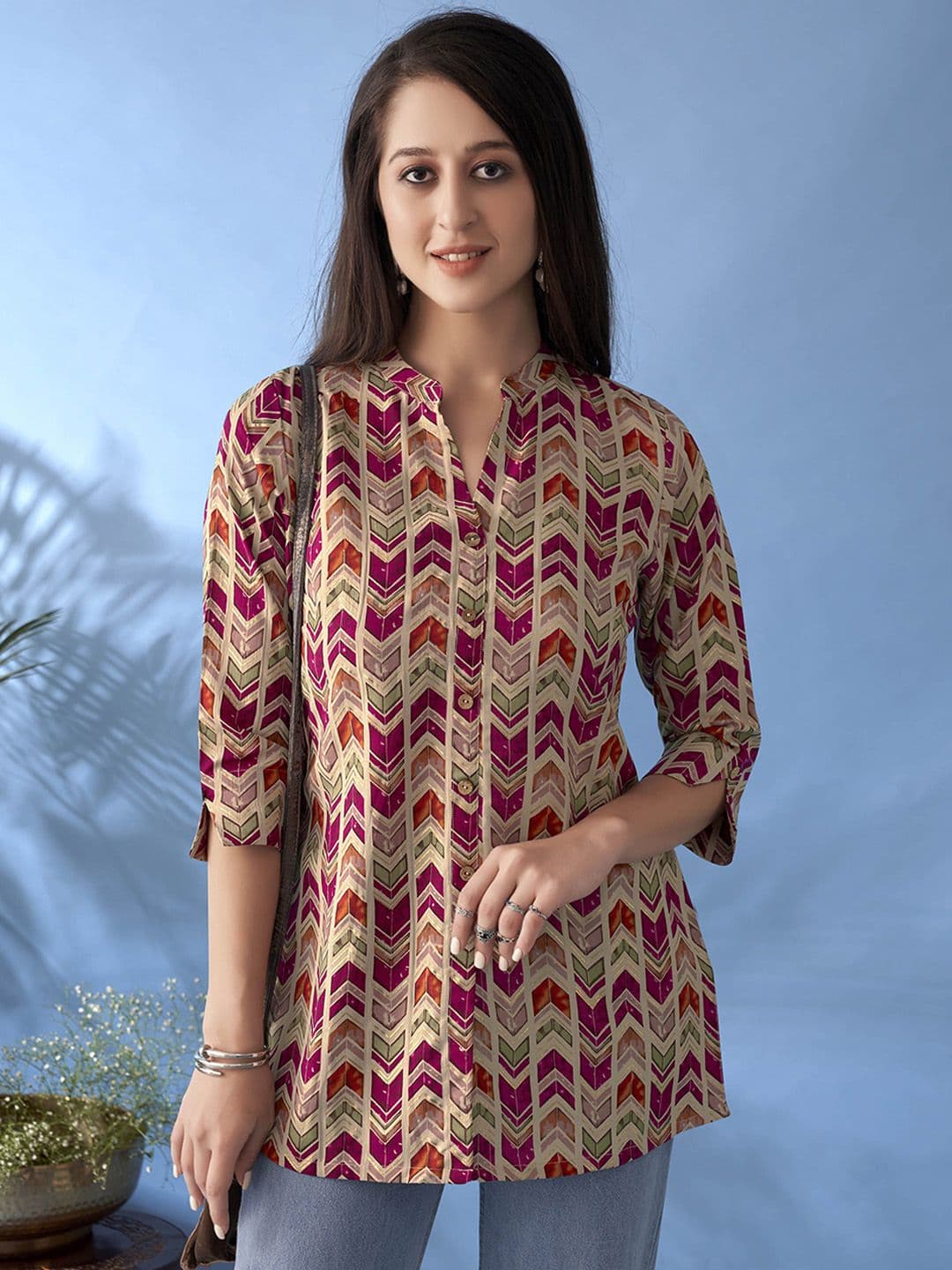 Anouk X fwd Magenta Chevron Printed Mandarin Collar Cotton A-Line Short Kurti - view 1