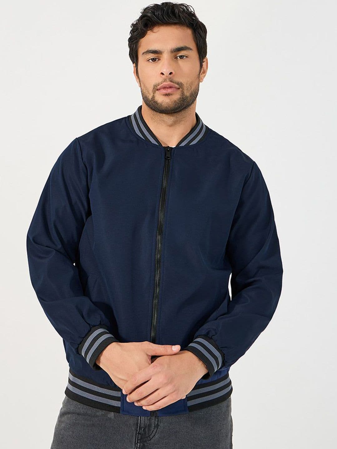Styli Mandarin Collar Contrast Rib Detail Bomber Jacket - view 1