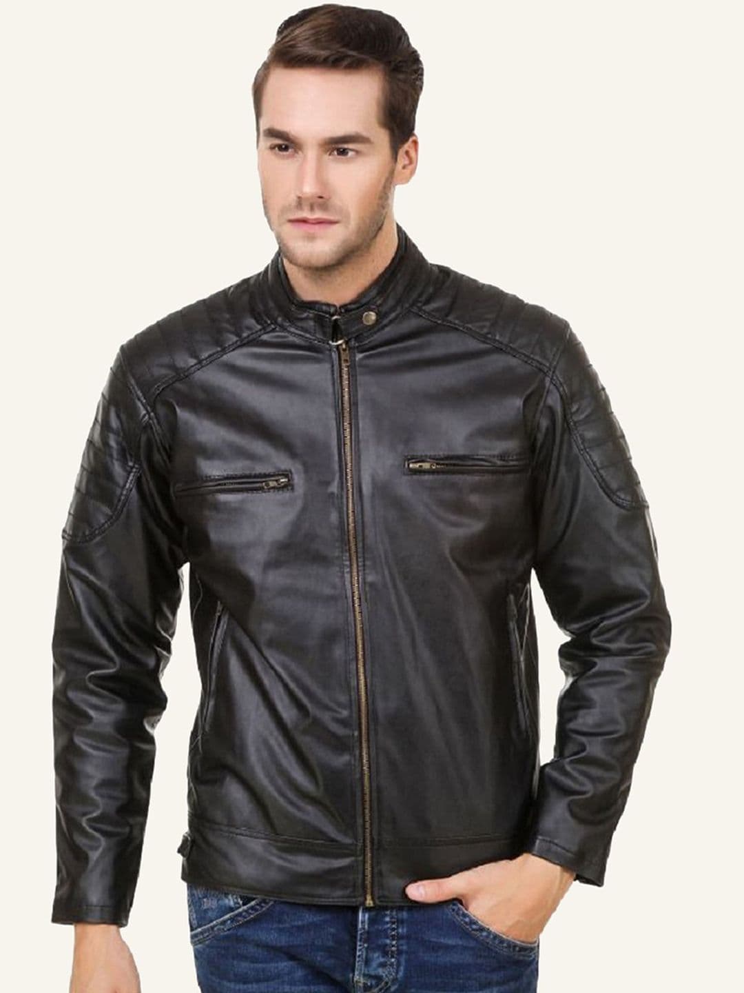 Leather Retail Men Biker Jacket with Patchwork - view 1