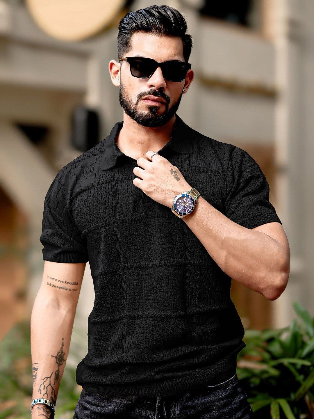 Maniac Men Black Pointelle Half Sleeve Polo T-Shirt - view 1