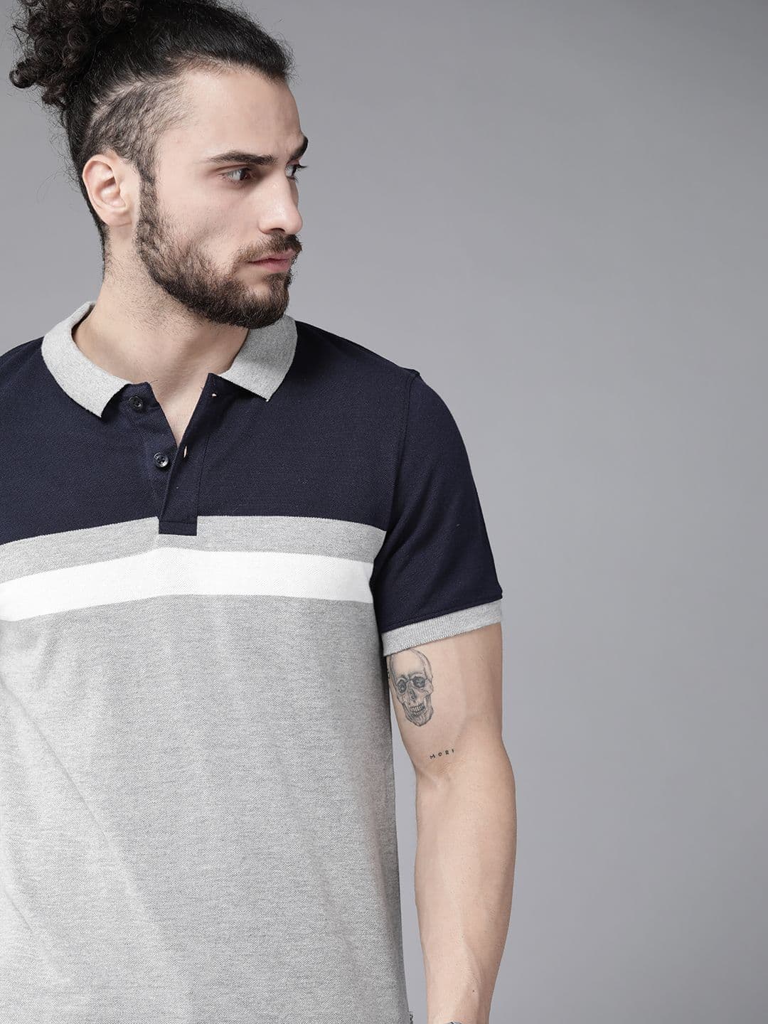 Roadster Men Grey Melange & Navy Blue Colourblocked Polo Collar T-shirt - view 1