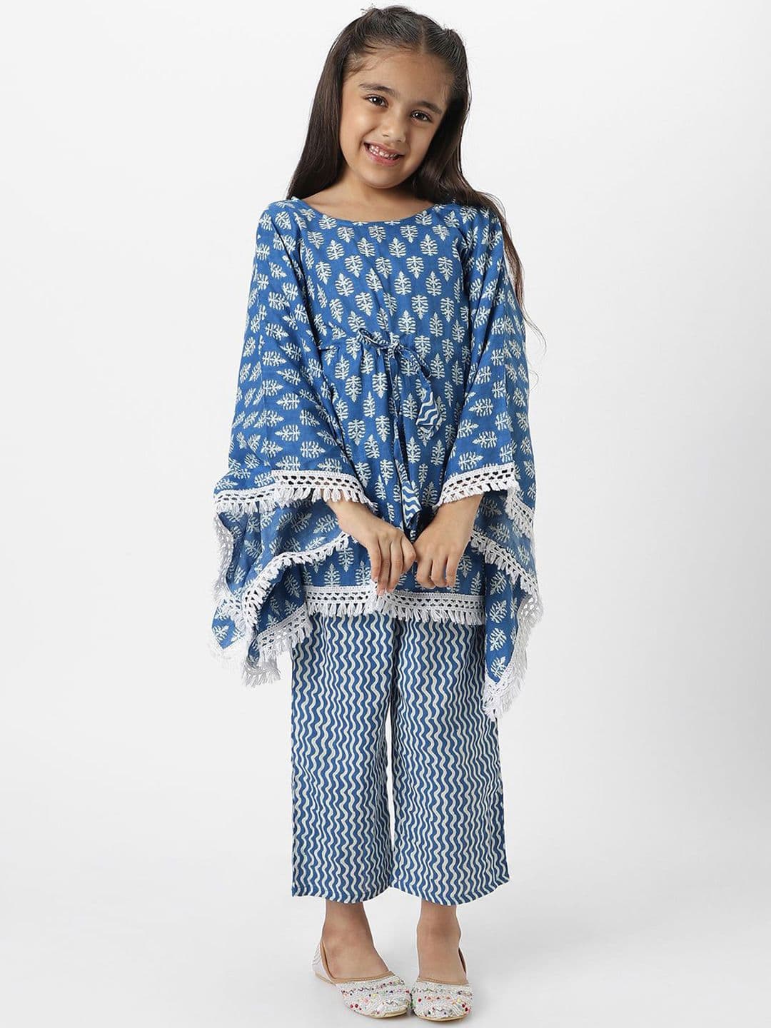 Nauti Nati Nautinati Girl's Block Printed Blue Kaftaan Ethnic Set - view 1