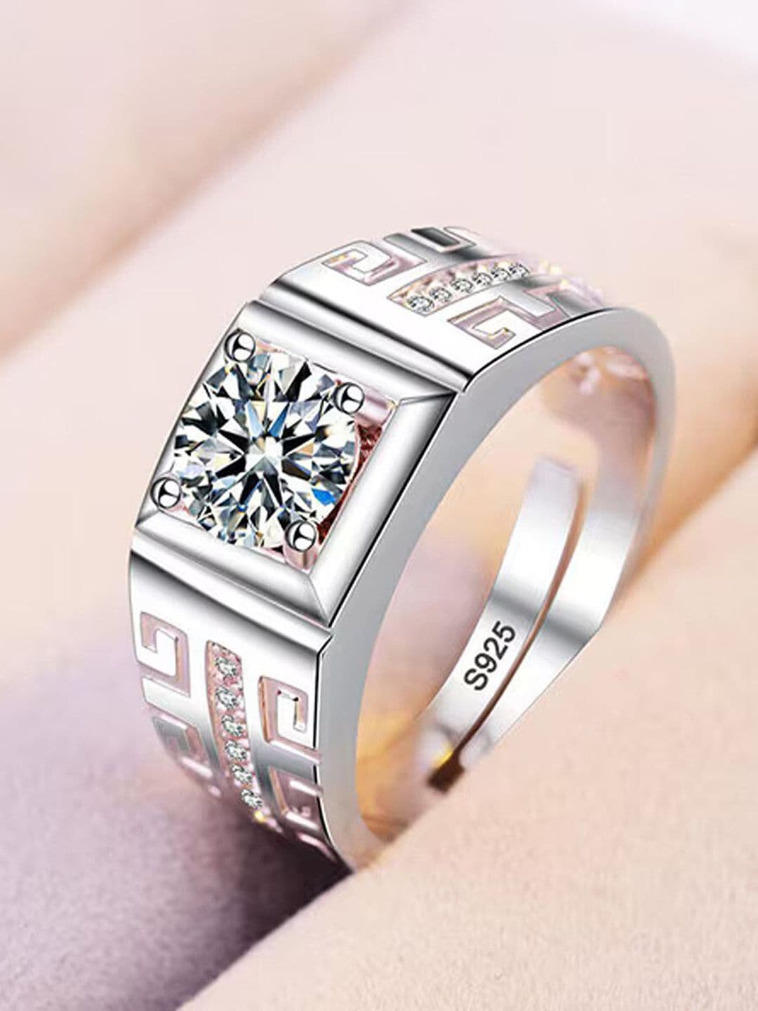 Lila Men 925 Sterling Silver American Diamond Stone Studded Adjustable Finger Ring - view 1