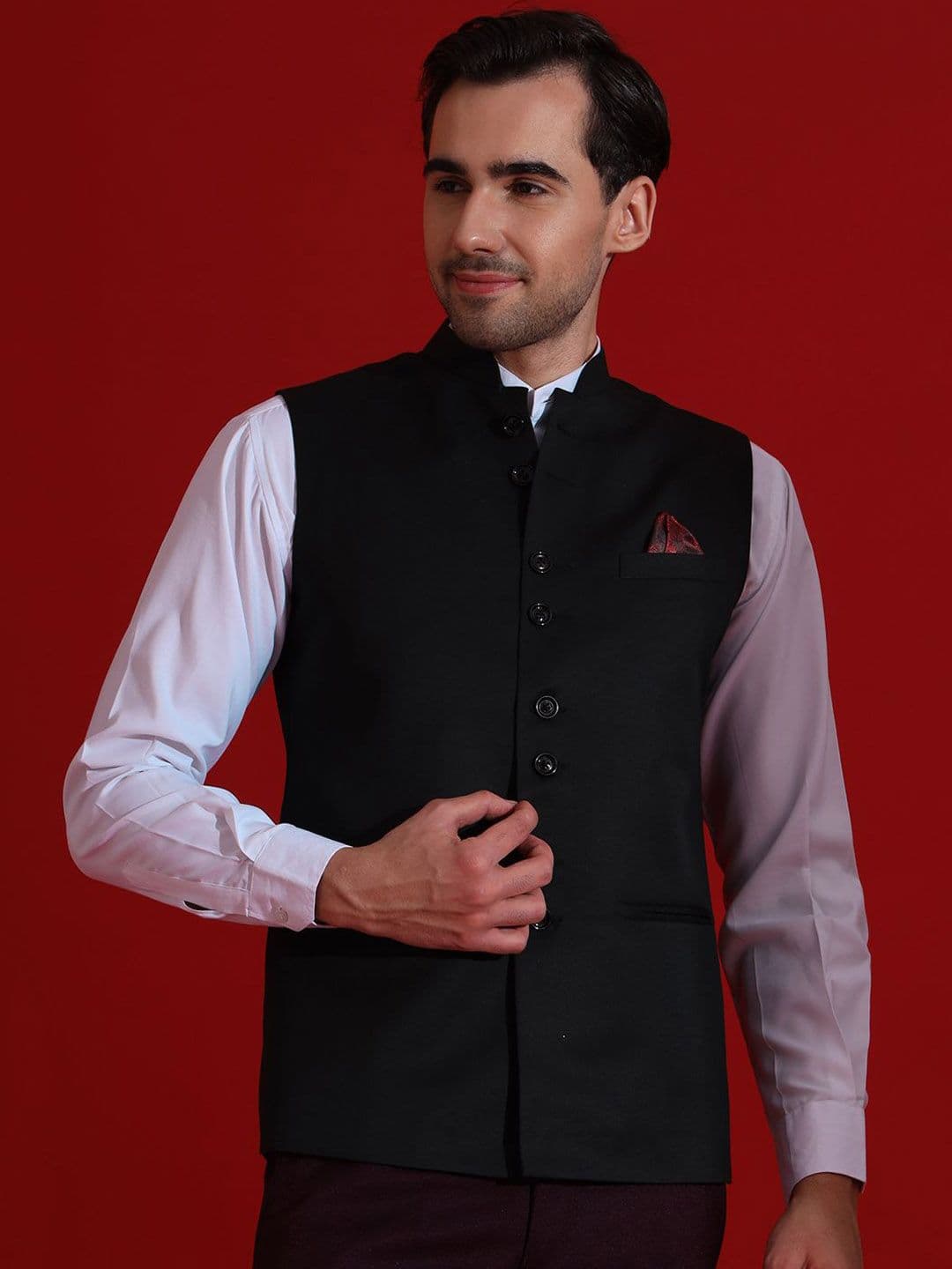 TAHVO Pure Cotton Woven Mandarin Collar Nehru Jacket - view 1