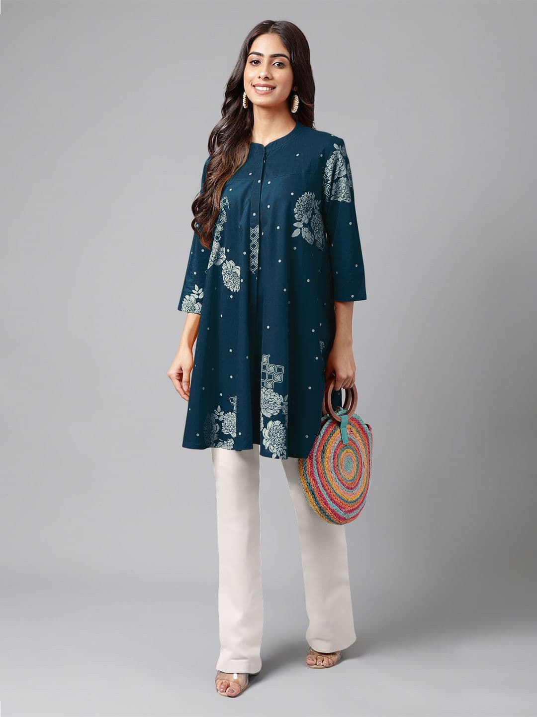 Janasya Women's Teal Blue Pure Cotton Floral Printed Flared Tunic - view 1