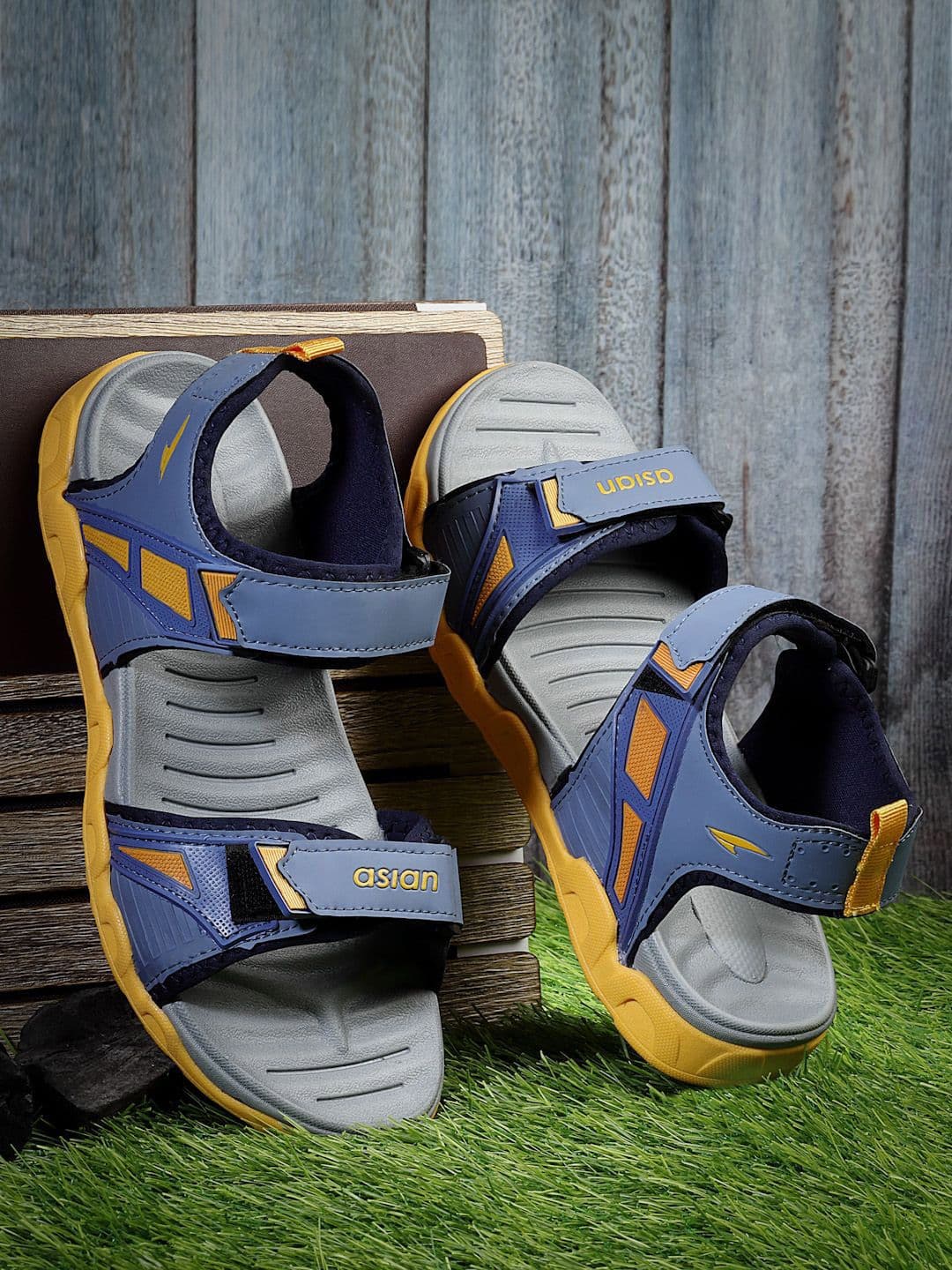 ASIAN Men Blue & Mustard Yellow Color-Block Sandals - view 1