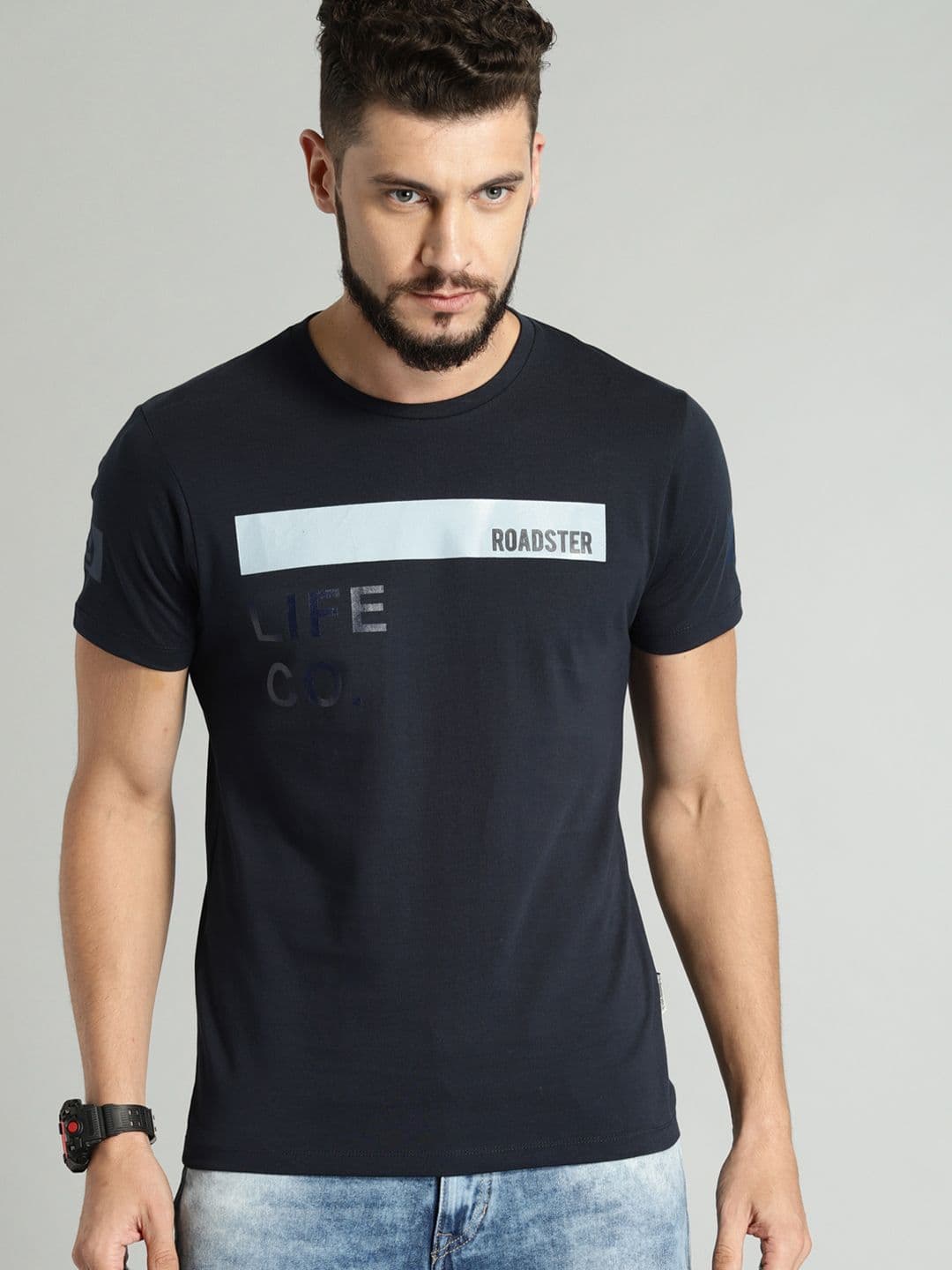 Roadster Men Navy Blue Printed Pure Cotton T-shirt - view 1