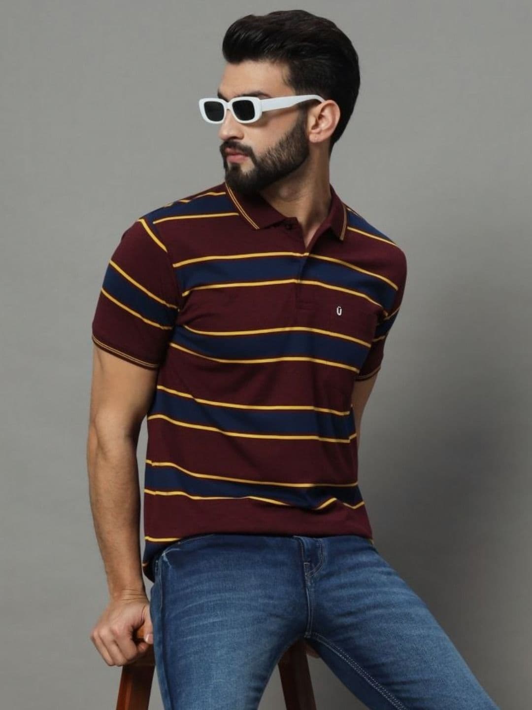 UNIBERRY Men Striped Polo Collar T-shirt - view 1