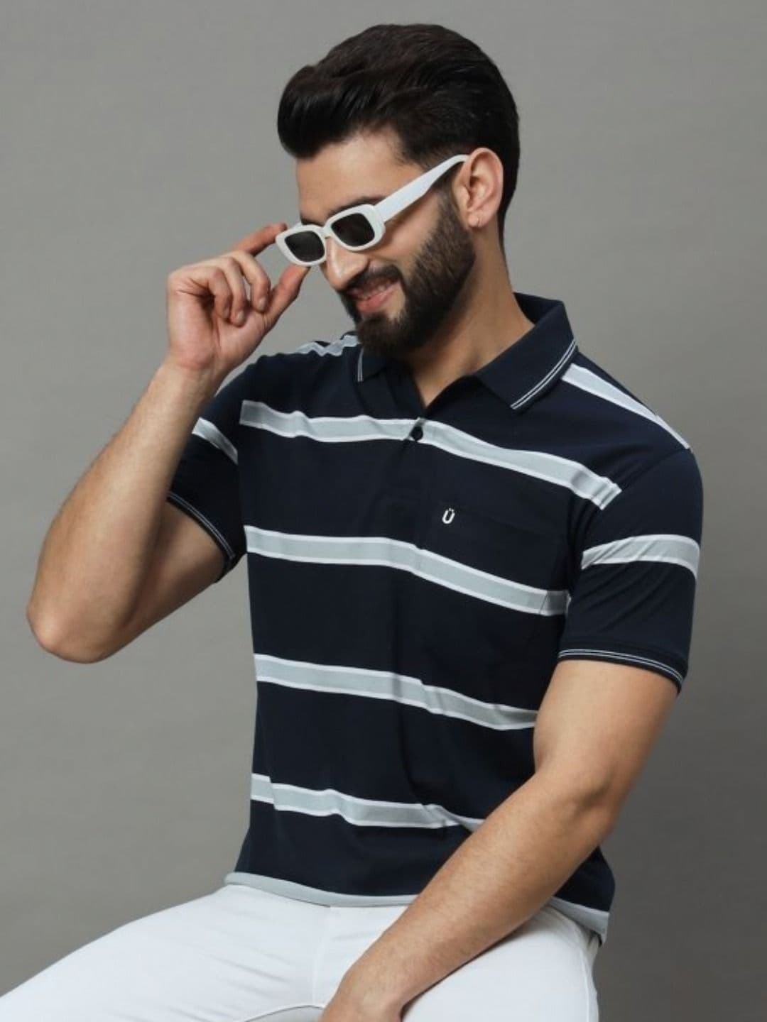 UNIBERRY Men Striped Polo Collar T-shirt - view 1