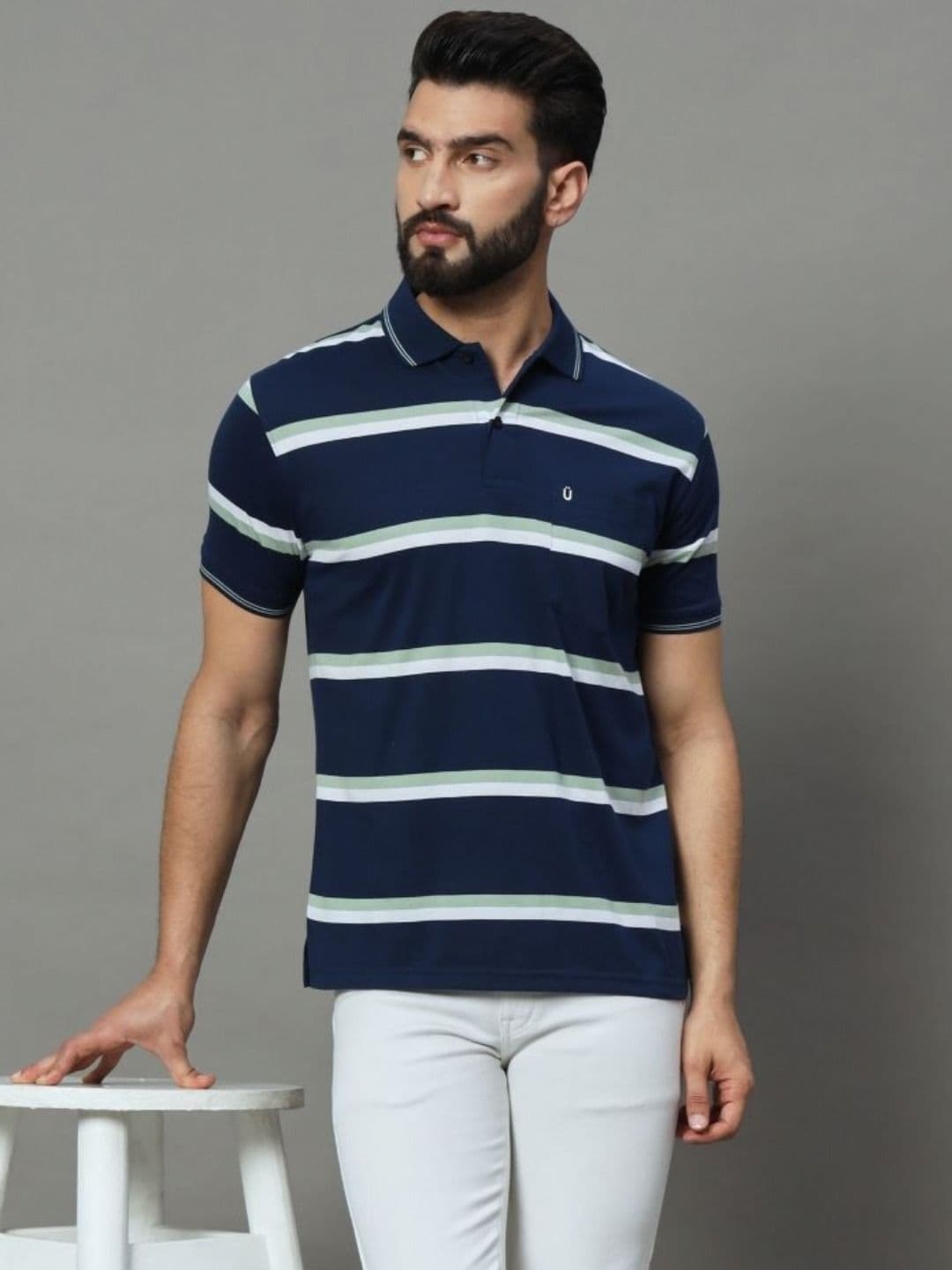 UNIBERRY Men Striped Polo Collar T-shirt - view 1