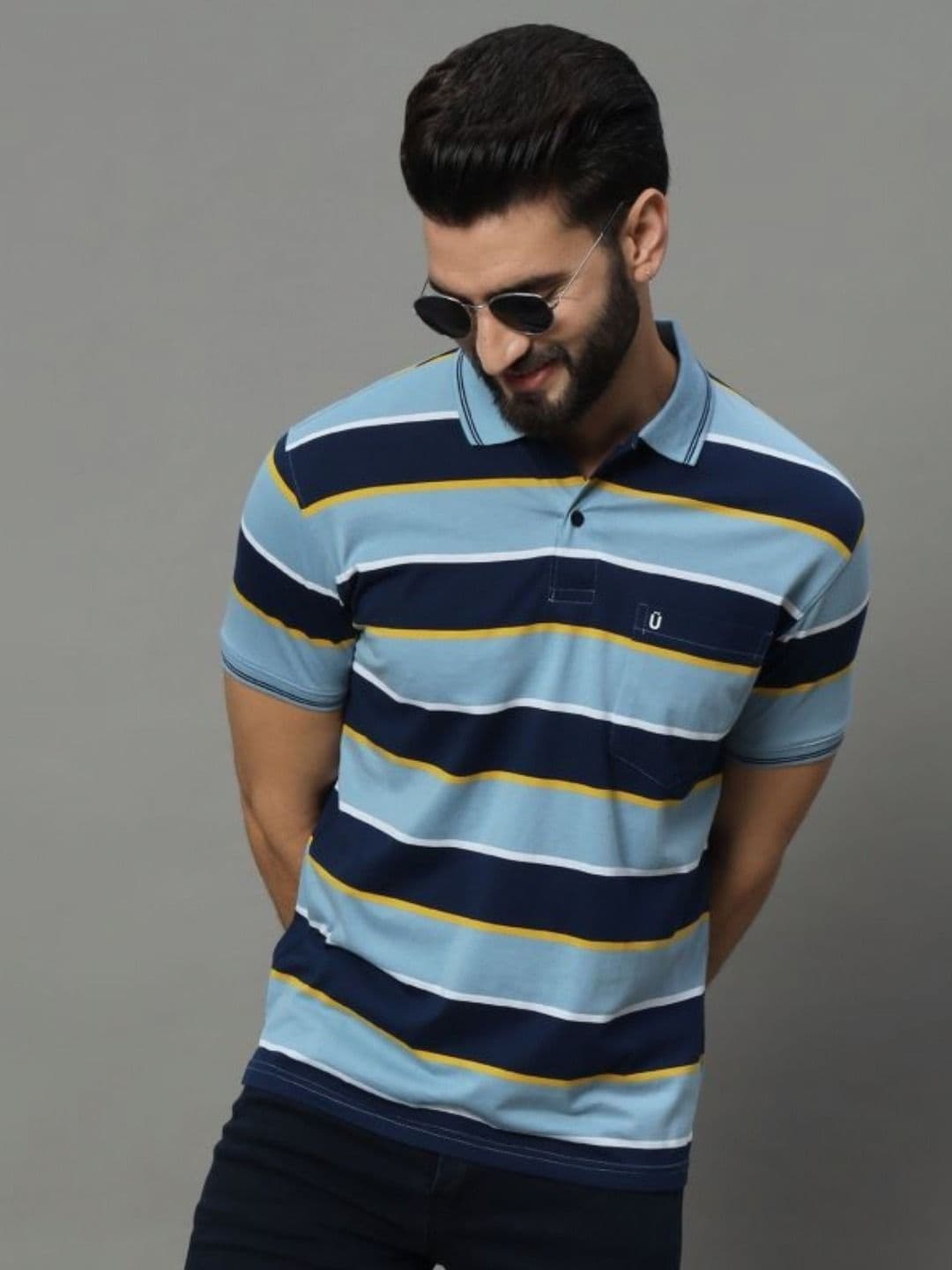 UNIBERRY Men Striped Polo Collar T-shirt - view 1