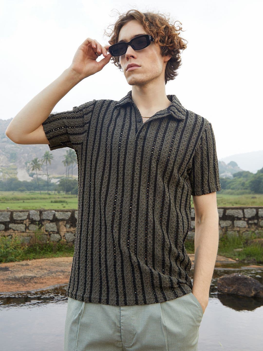 CAHOOT Men Striped Polo Collar Pockets T-shirt - view 1
