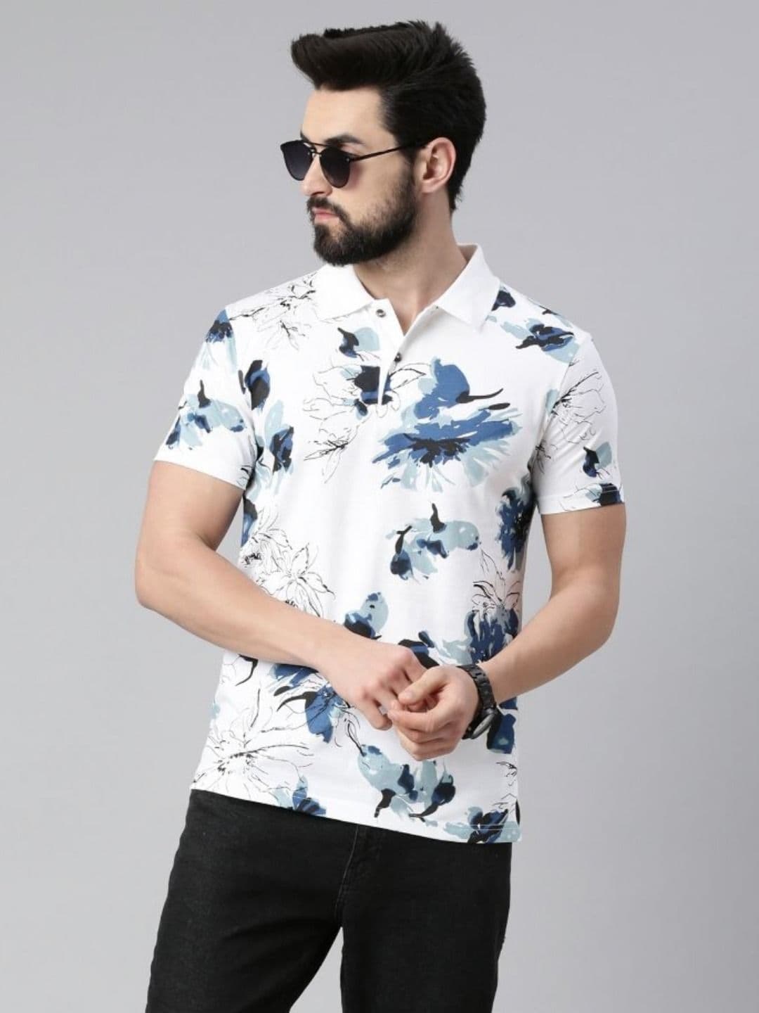 Kryptic Men Floral Printed Polo Collar Applique T-shirt - view 1