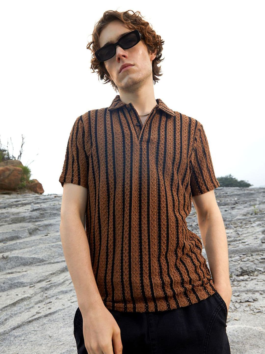 CAHOOT Men Striped Polo Collar Pockets T-shirt - view 1