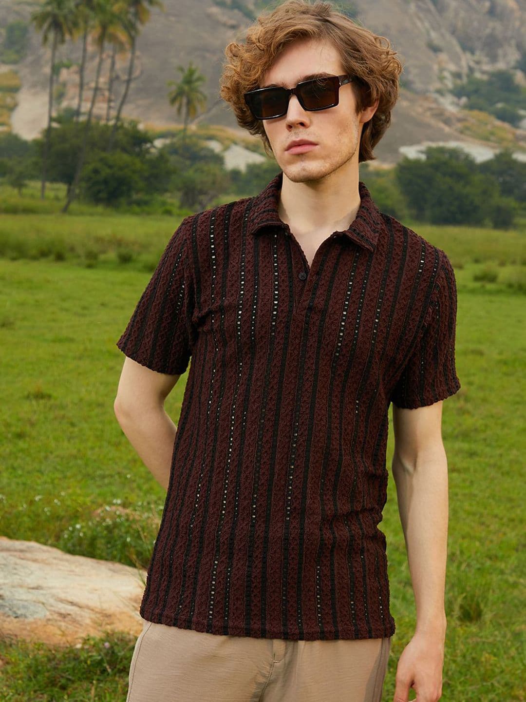CAHOOT Men Striped Polo Collar Raw Edge T-shirt - view 1