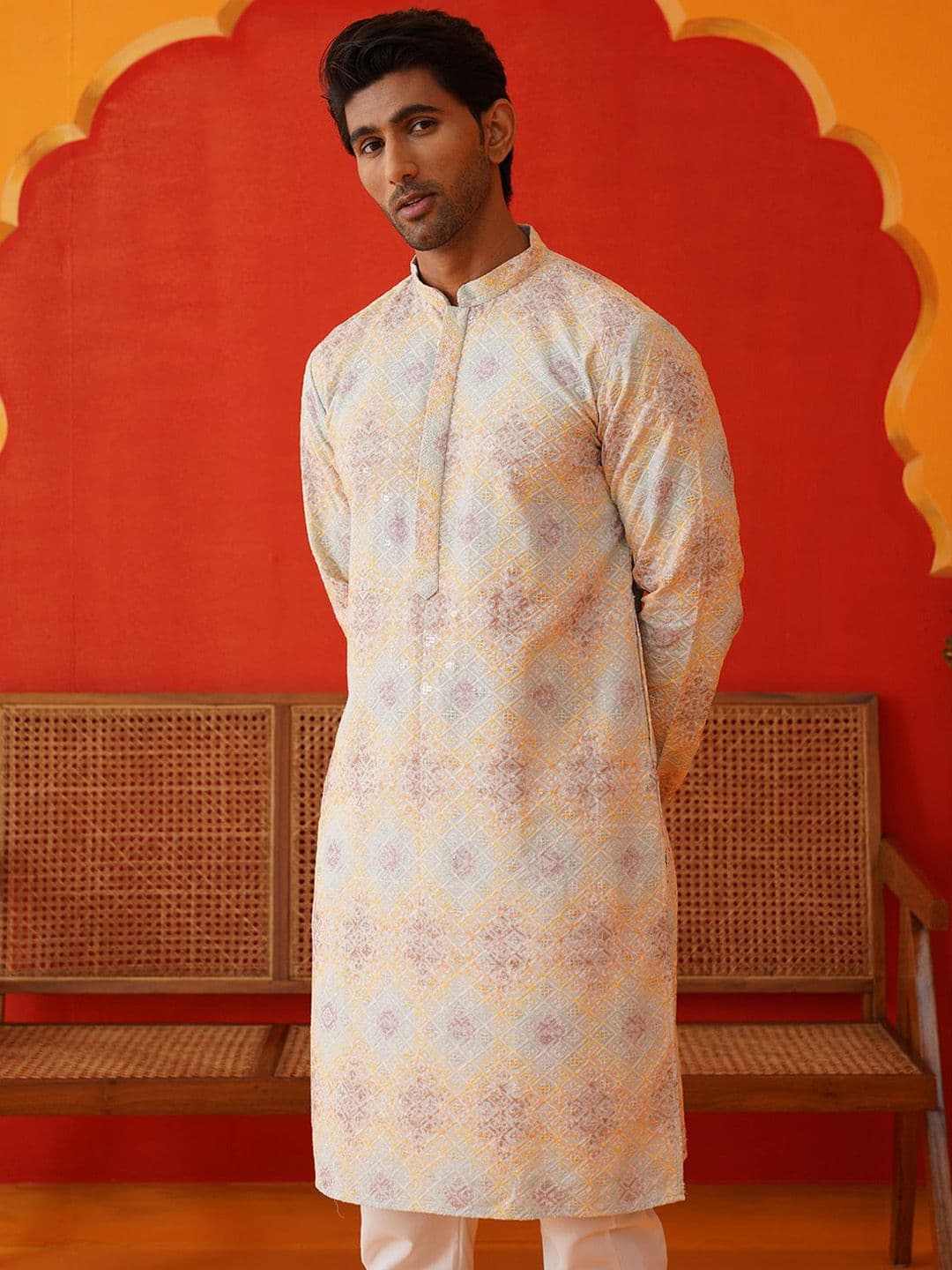 Jompers Men Geometric Embroidered Sequinned Kurta - view 1