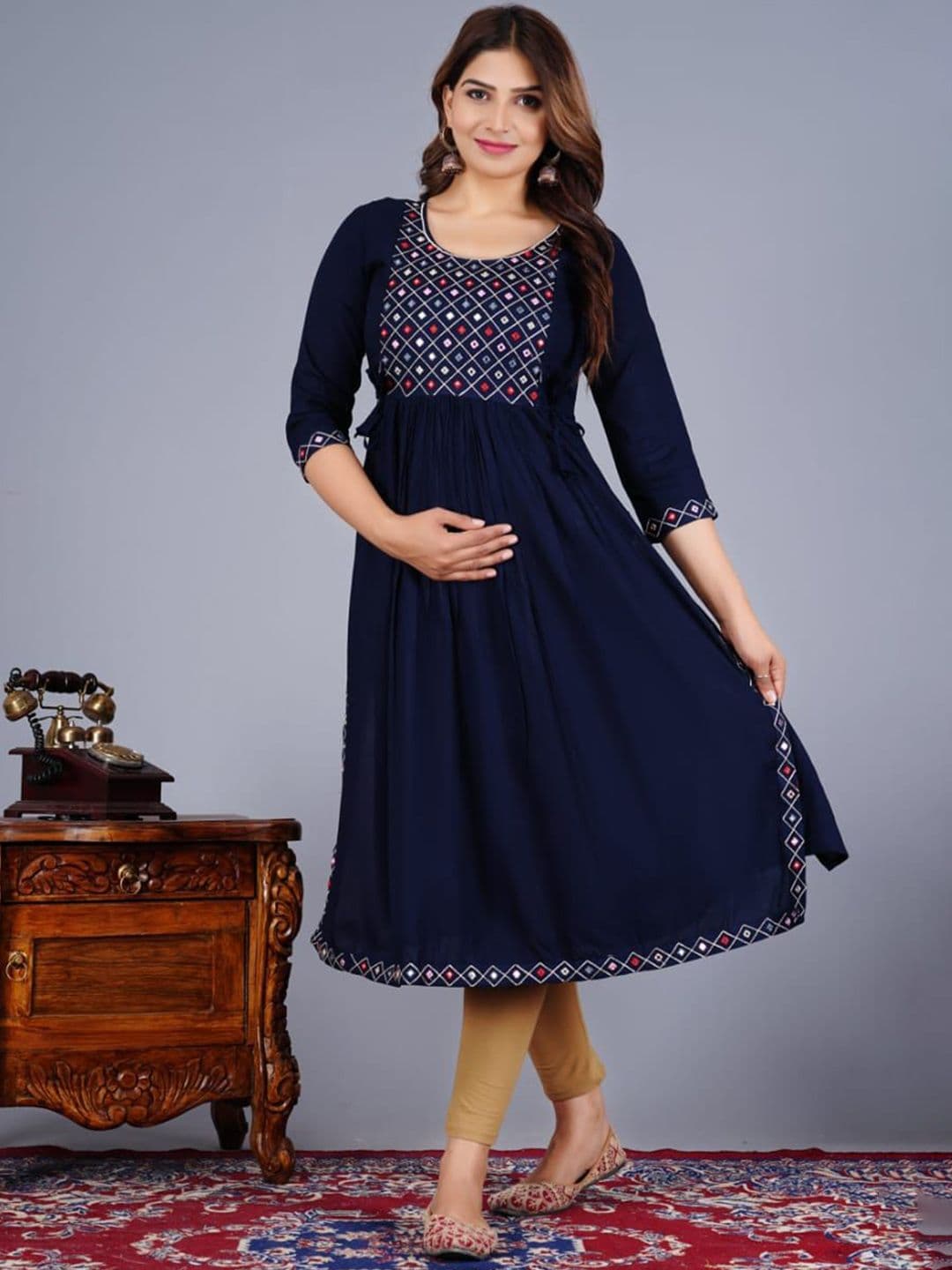 KIAARON Women Ethnic Motifs Embroidered Mirror Work Maternity Kurta - view 1