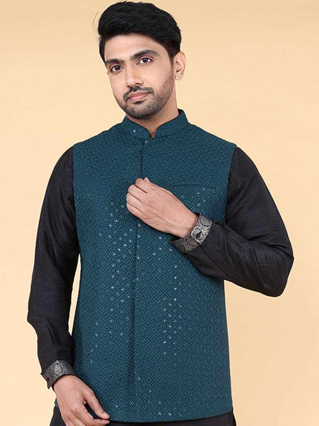 ZOIS Men Embroidered Woven Mandarin Collar Nehru Jacket - view 1