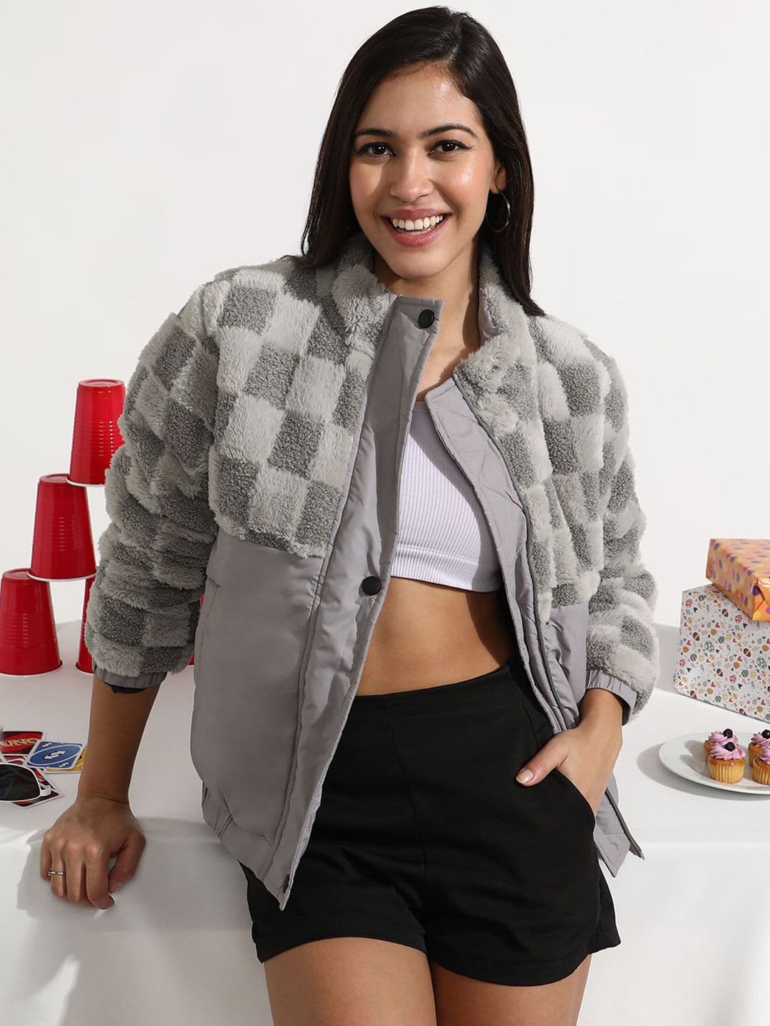 PINACOLADA Fleece Self-Design Checked Padded Jacket - view 1