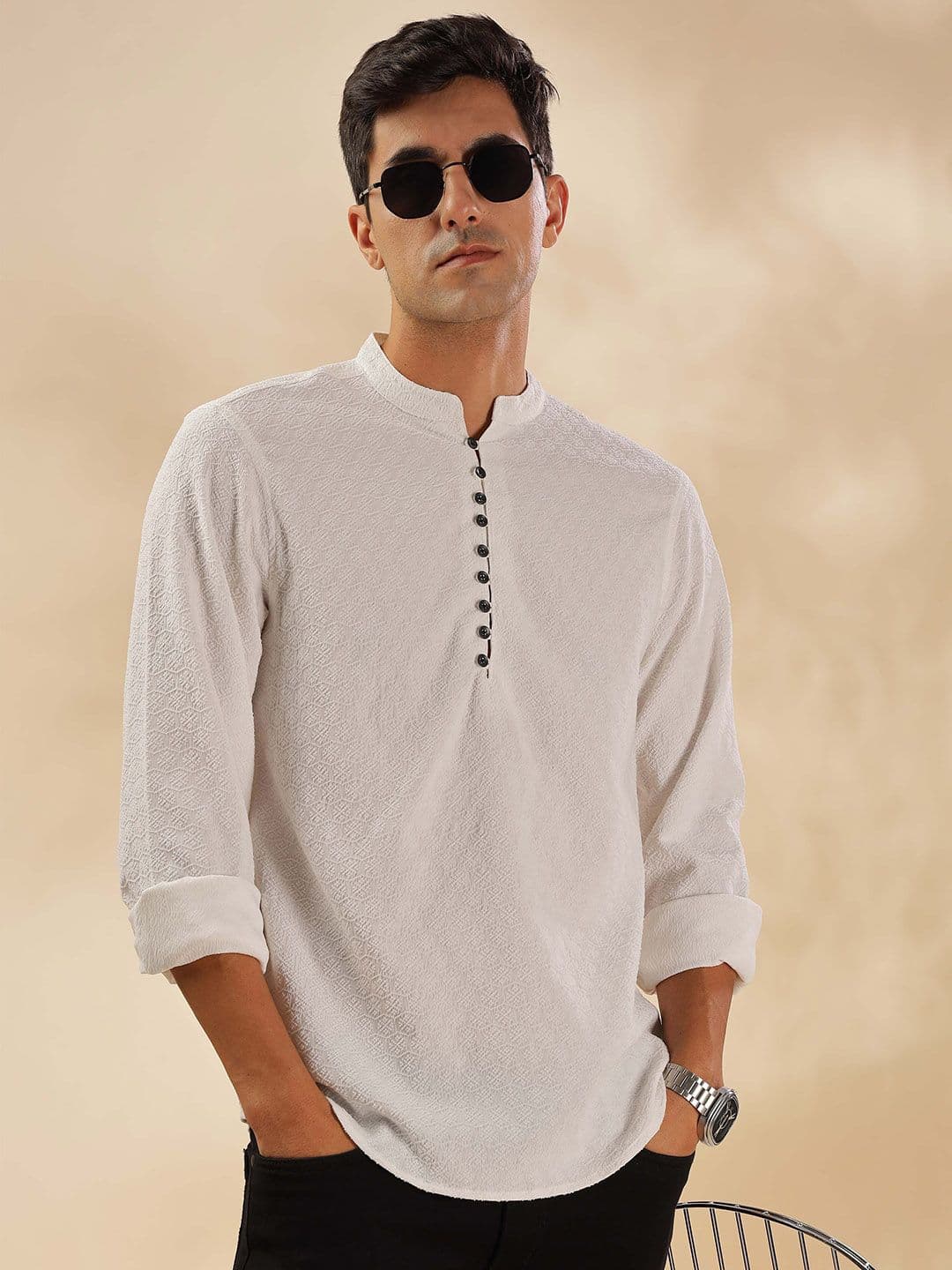 HERE&NOW Geometric Woven Design Thread Work Mandarin Collar Straight Short Kurta - view 1
